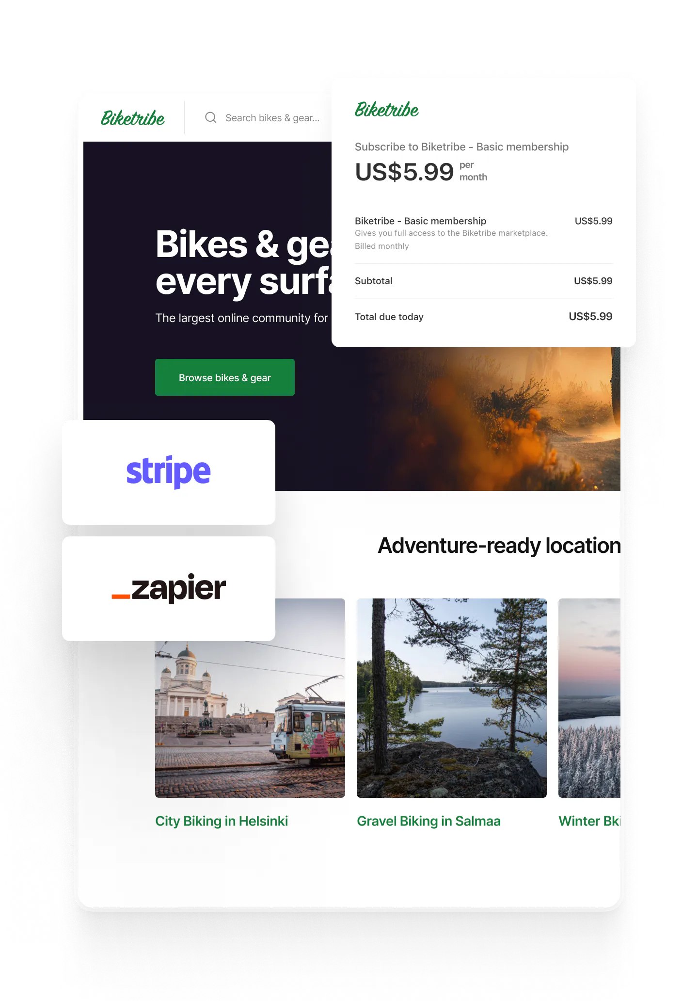 Biketribe landing page, overlaid with Stripe and Zapier logos to signal it's possible to automate subscriptions in a Sharetribe marketplace with these services.