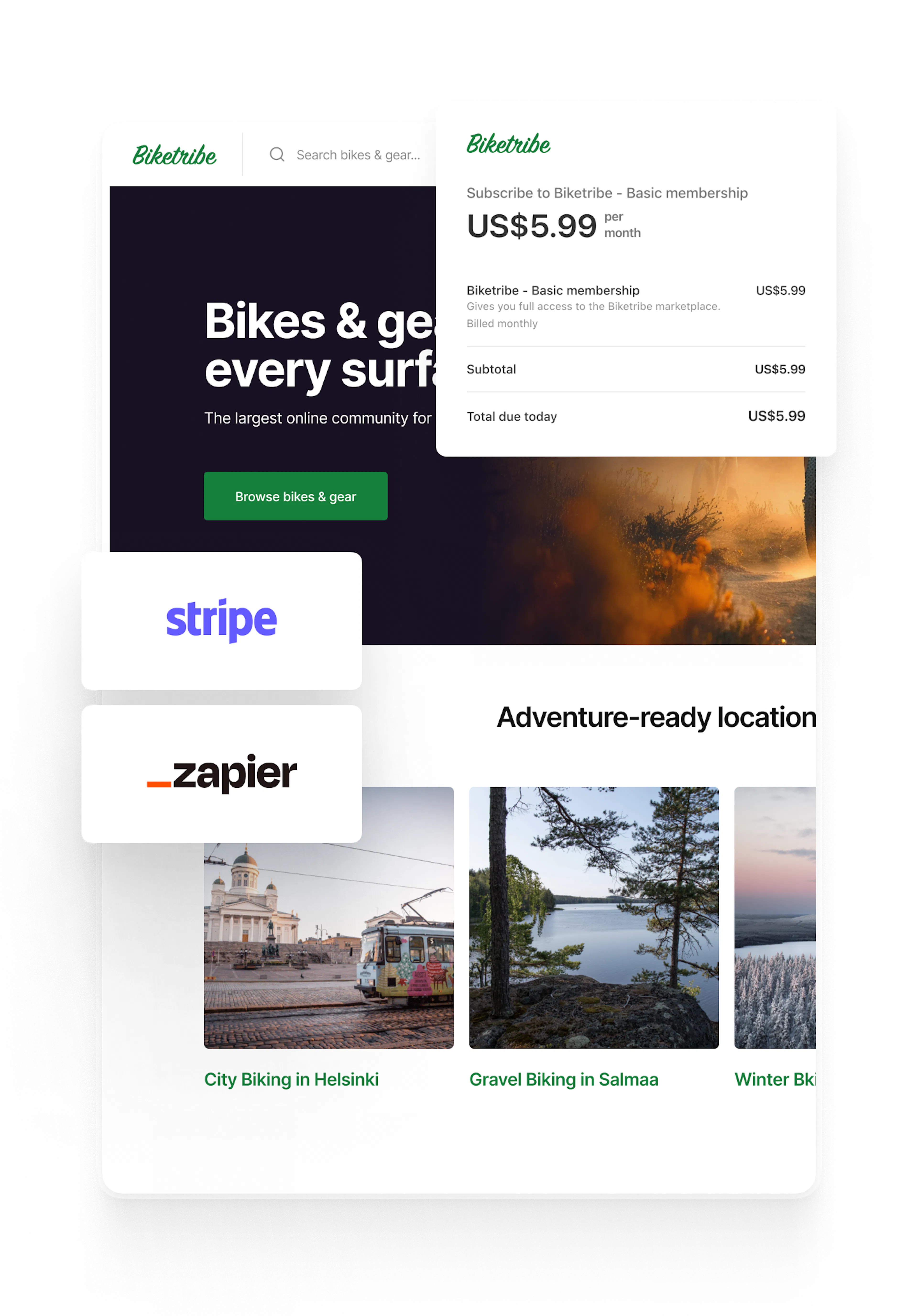 Biketribe landing page, overlaid with Stripe and Zapier logos to signal it's possible to automate subscriptions in a Sharetribe marketplace with these services.