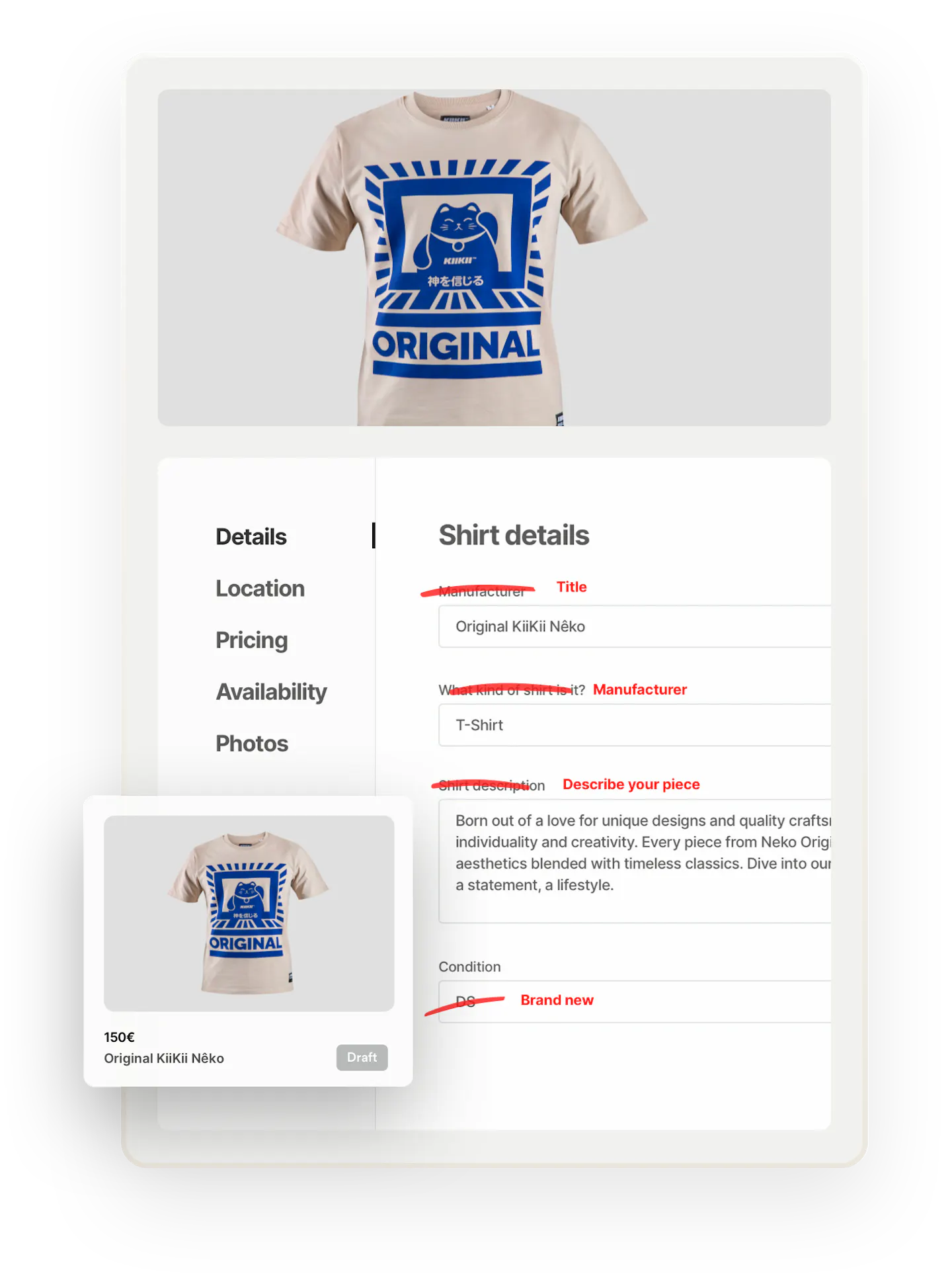 A t-shirt with a print of a stylized kitten and the text ORIGINAL. Below the image, a listing creation page is opened on the Details tab. The old listing fields have been crossed over and replaced with new fields like manufacturer and condition to show that the listing fields are customizable. Overlaid on top is a search thumbnail for the completed listing.