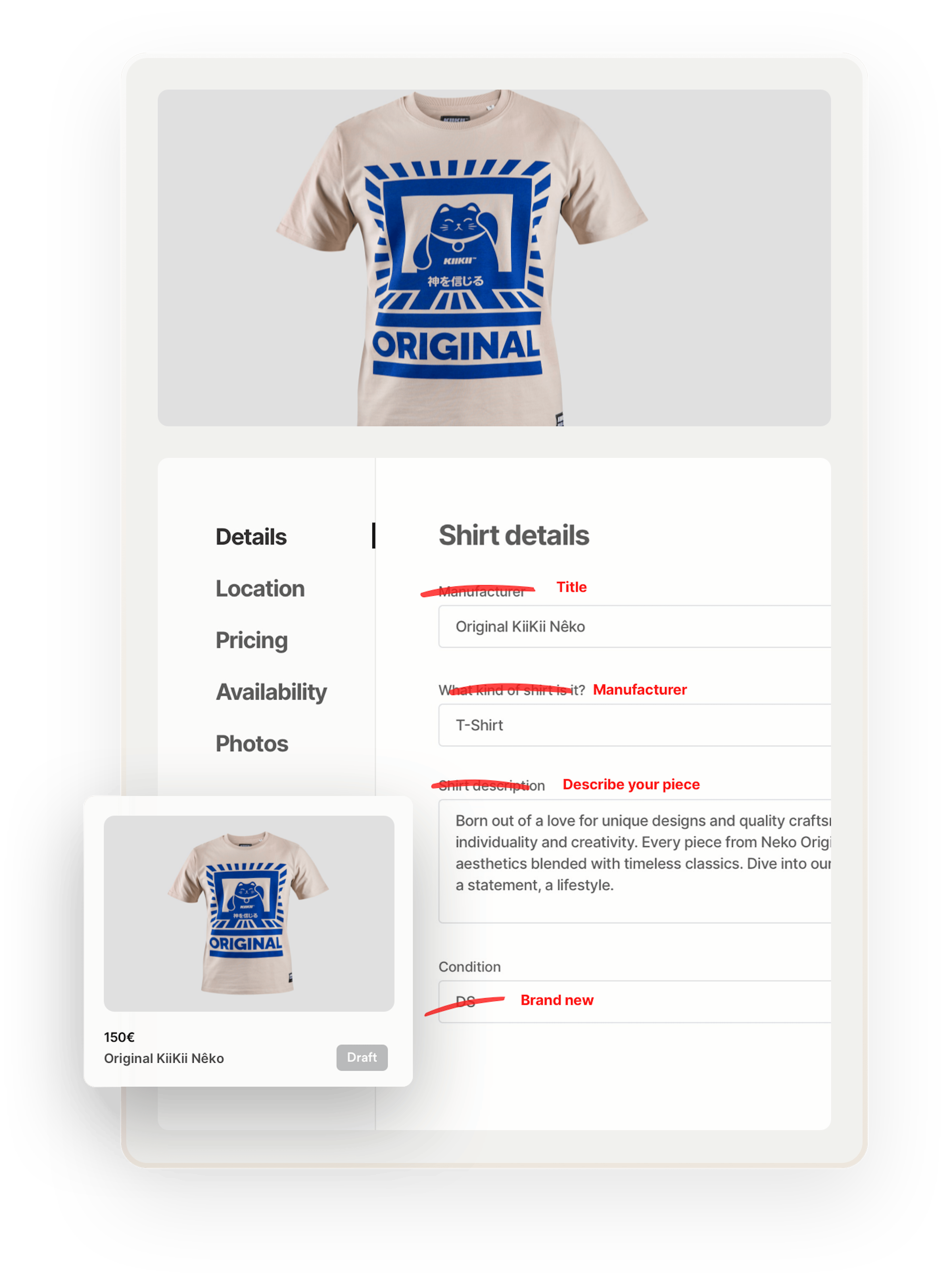 A t-shirt with a print of a stylized kitten and the text ORIGINAL. Below the image, a listing creation page is opened on the Details tab. The old listing fields have been crossed over and replaced with new fields like manufacturer and condition to show that the listing fields are customizable. Overlaid on top is a search thumbnail for the completed listing.