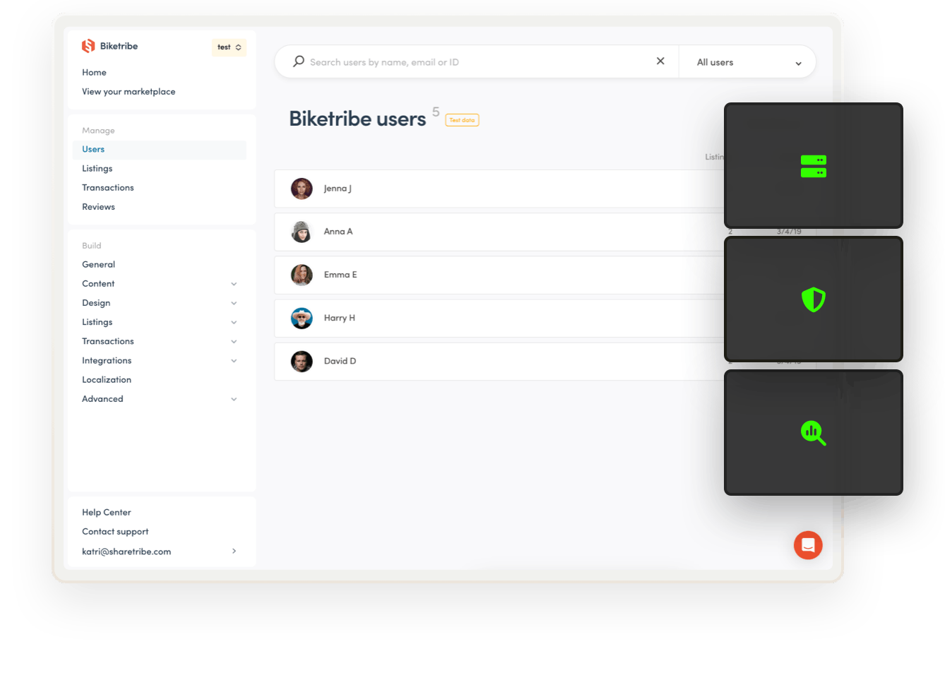 Sharetribe Console opened on the user management page. Overlaid on top are symbols for servers, security and performance, which Sharetribe takes care of for you.