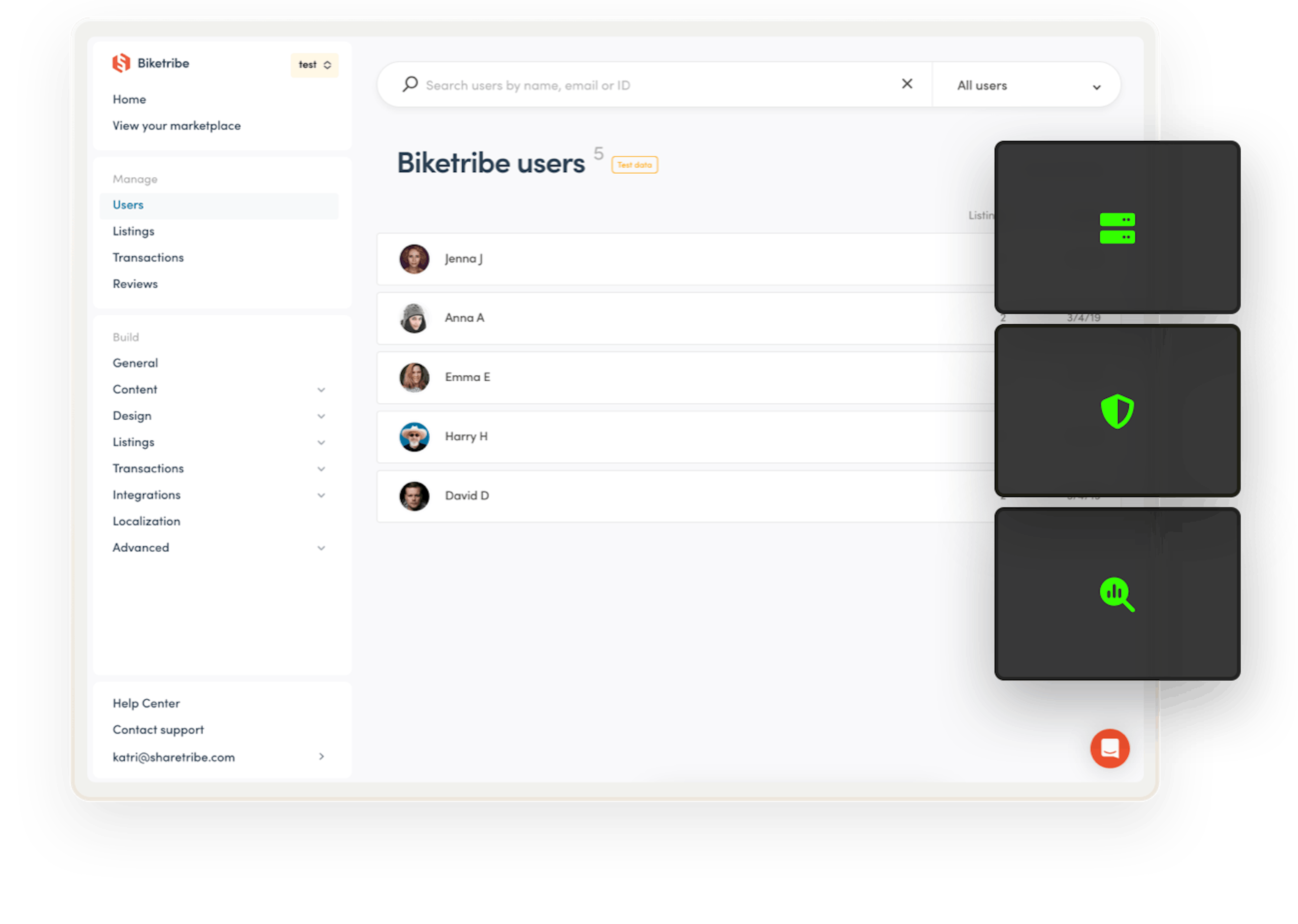 Sharetribe Console opened on the user management page. Overlaid on top are symbols for servers, security and performance, which Sharetribe takes care of for you.