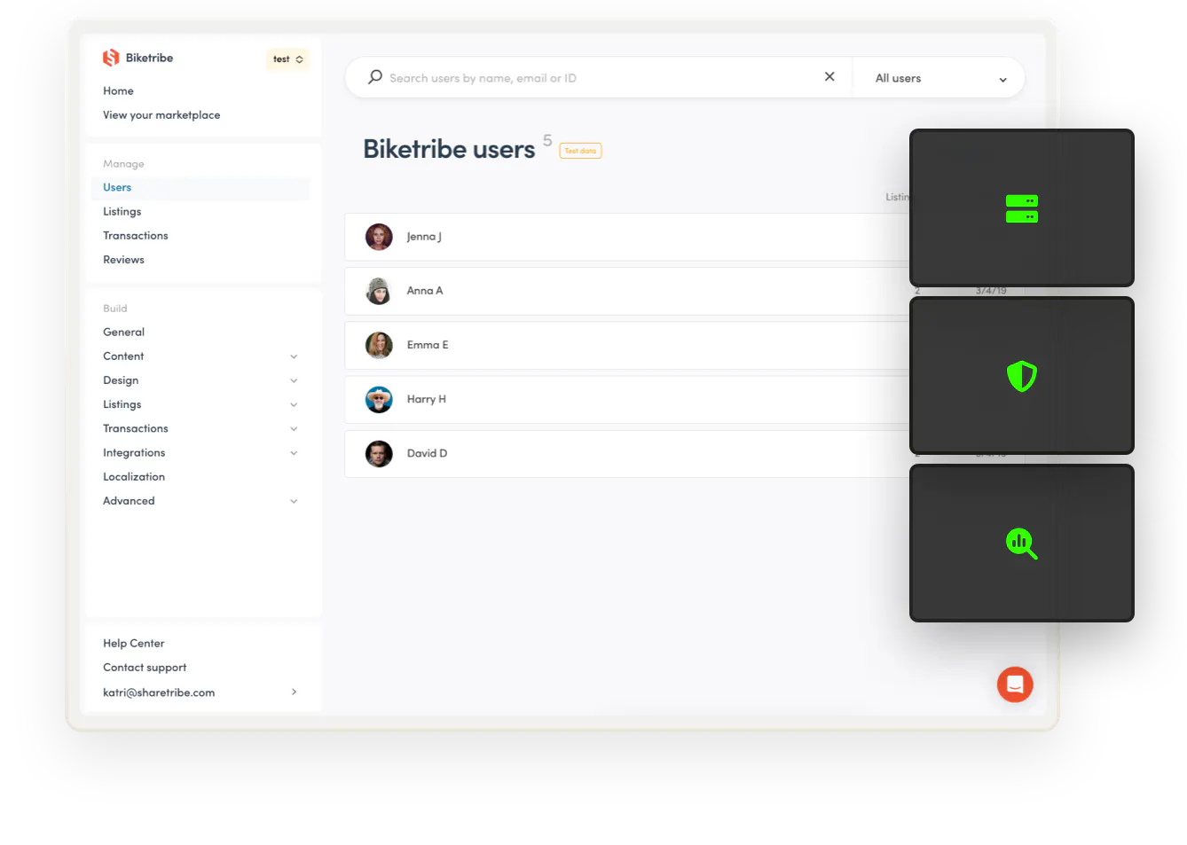 Sharetribe Console opened on the user management page. Overlaid on top are symbols for servers, security and performance, which Sharetribe takes care of for you.
