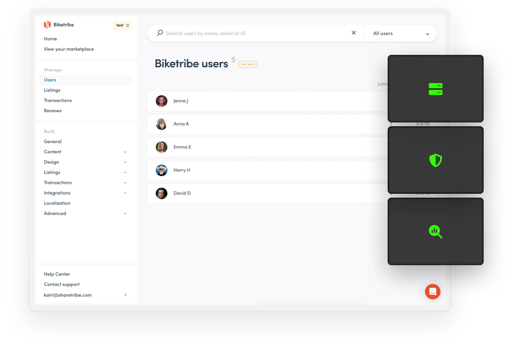 Sharetribe Console opened on the user management page. Overlaid on top are symbols for servers, security and performance, which Sharetribe takes care of for you.