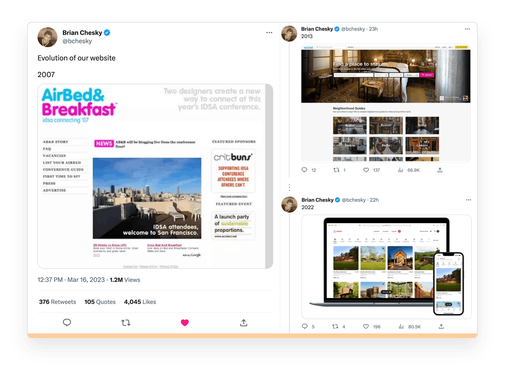 Three tweets from Brian Chesky  showing the evolution of Aribnb. Screenshots of the Airbnb website from 2007,  2013, and 2022.