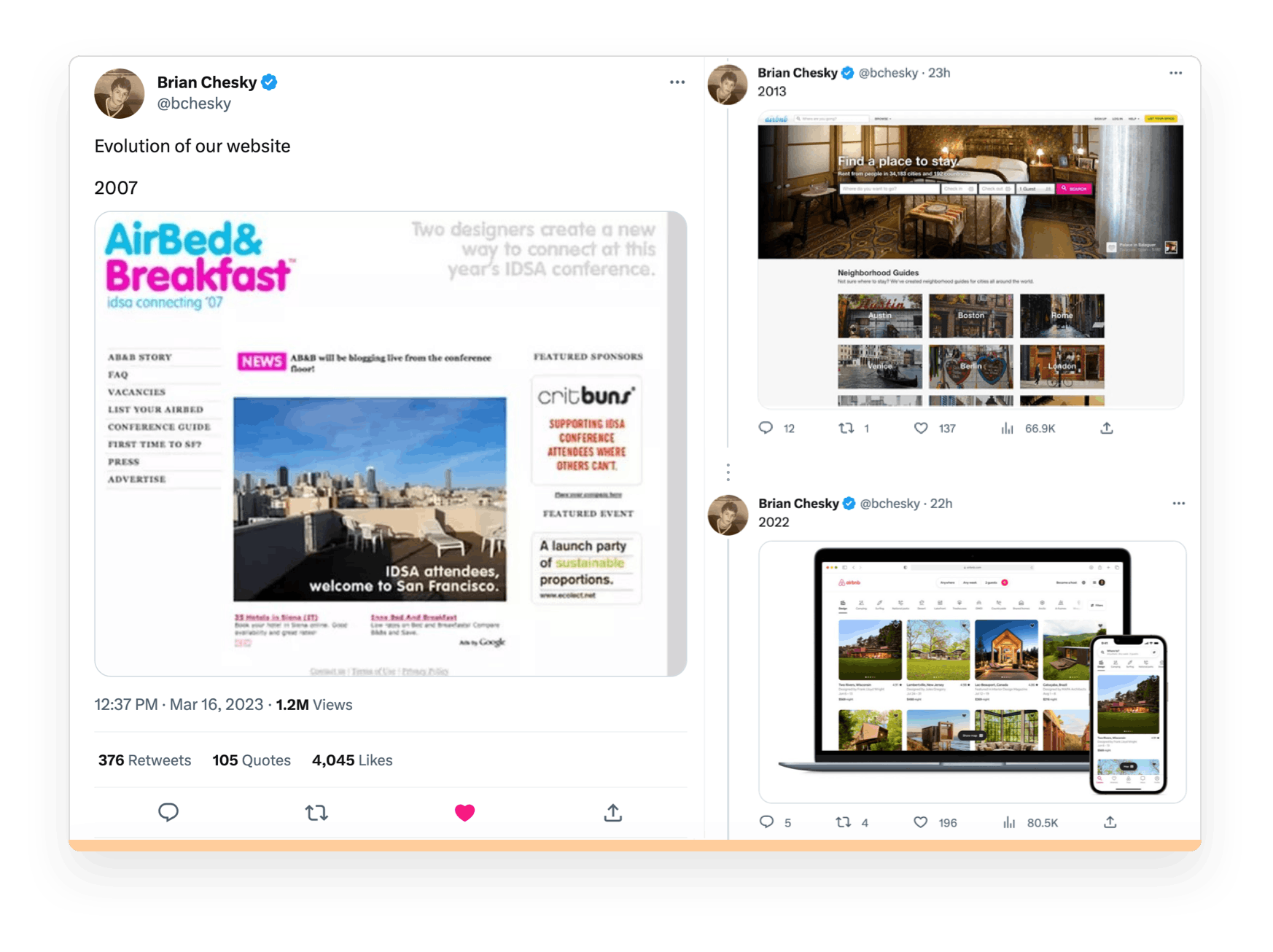 Three tweets from Brian Chesky showing the evolution of Aribnb. Screenshots of the Airbnb website from 2007, 2013, and 2022.