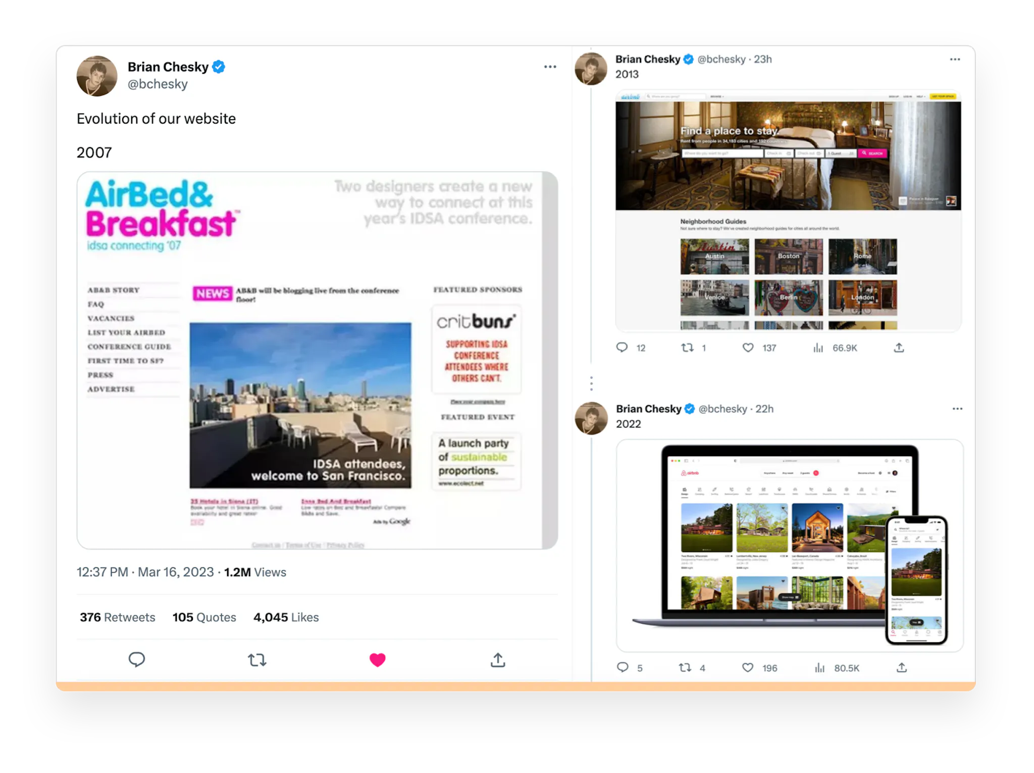 Three tweets from Brian Chesky  showing the evolution of Aribnb. Screenshots of the Airbnb website from 2007,  2013, and 2022.