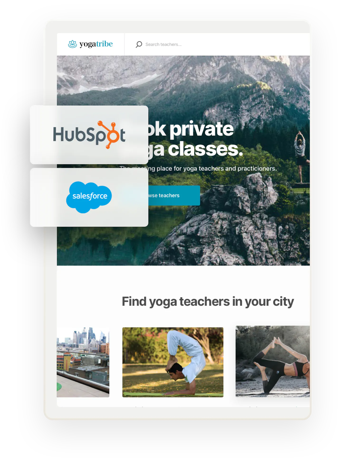 The Yogatribe service marketplace home page. Overlaid on top are two boxes showing Hubspot and Salesforce logos.