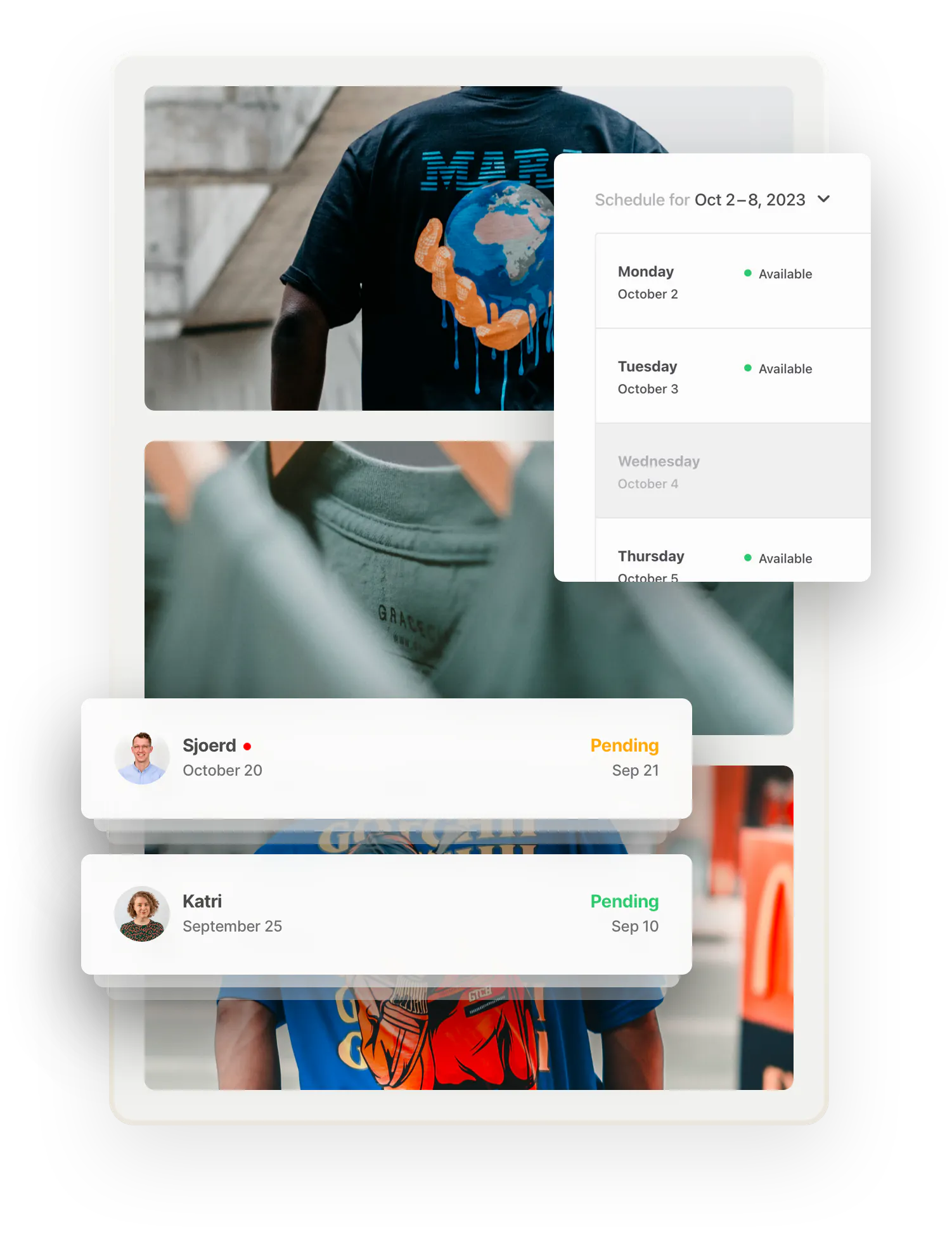 In the background, images of two people wearing print t-shirts, photographed from the back, and three green shirts on hangers. Two inbox banners overlaid in boxes on top show messages from prospective buyers. Another box shows the availability management feature for listings.