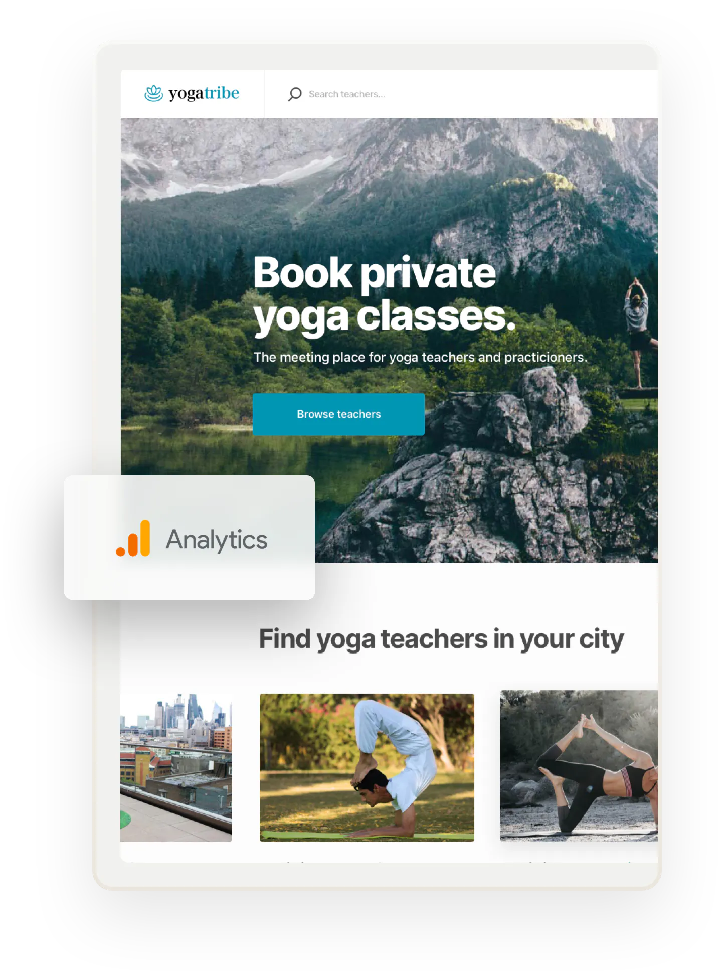 The home page of a yoga class marketplace. Overlaid on top is the Google Analytics logo.