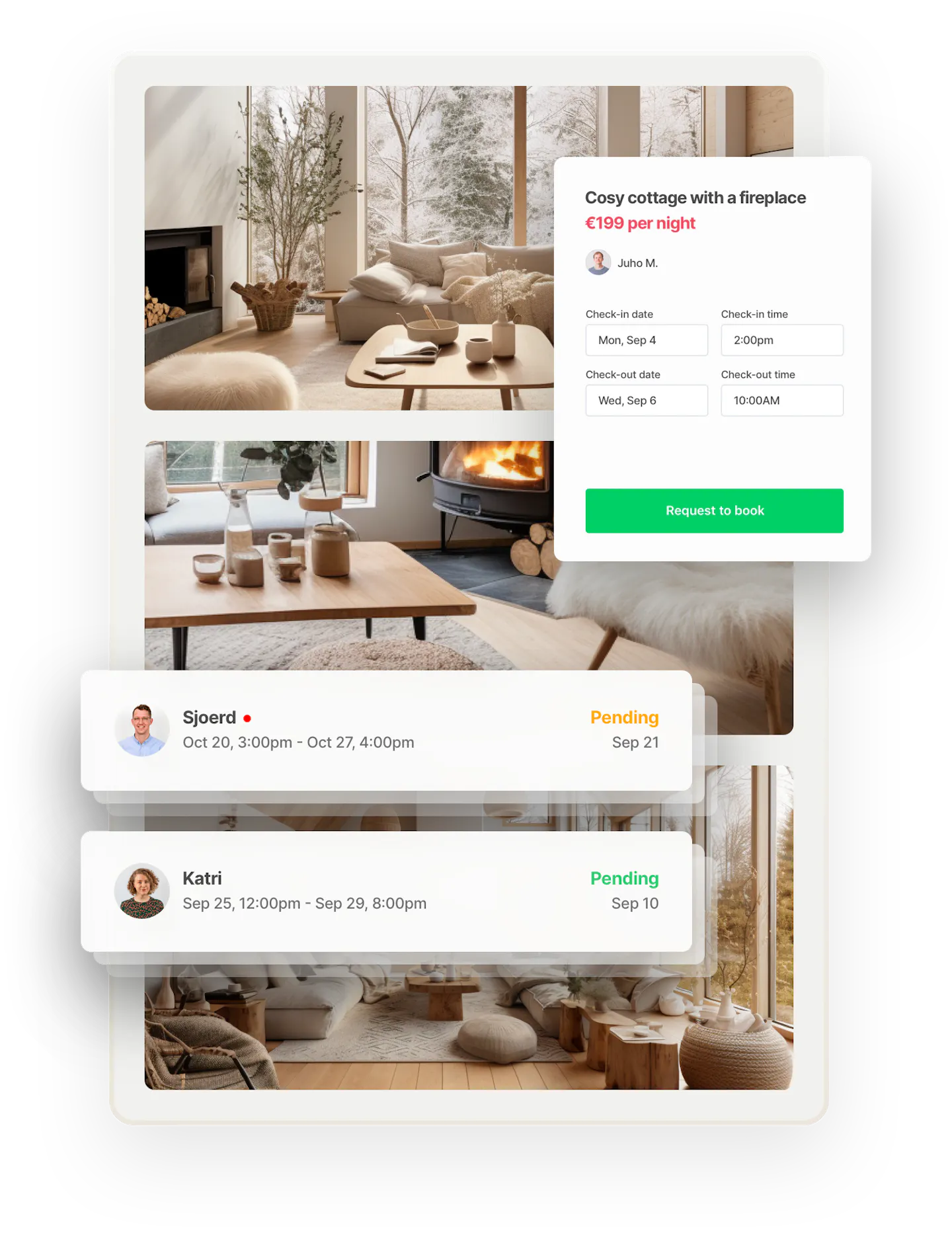 Marketplace inbox example. For rent at 199 dollars per night: a calm, modern cottage. Two inbox banners overlaid in boxes on top show message notifications from prospective guests. Sjoerd wants to book the cottage in October, Katri in September.