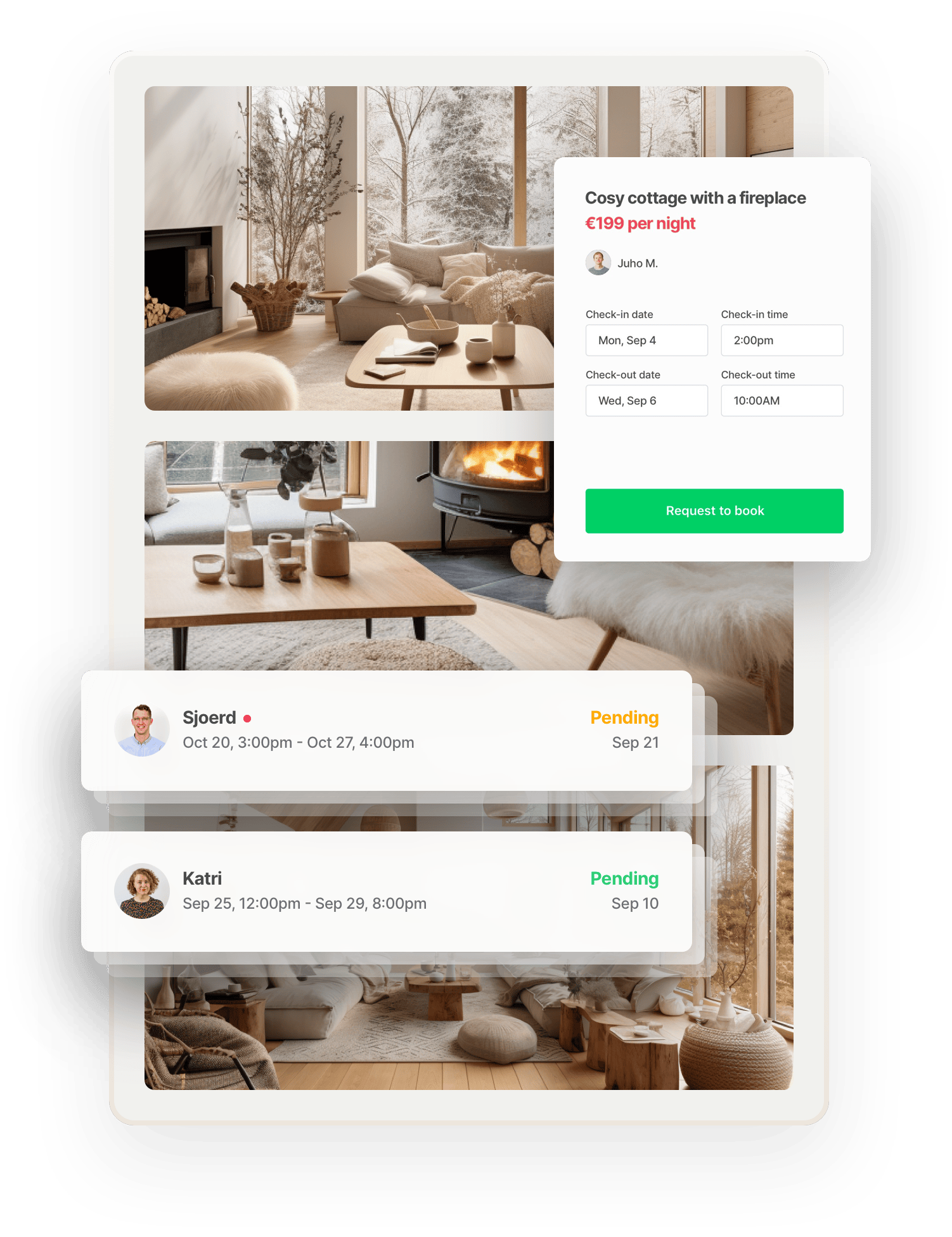 Marketplace inbox example. For rent at 199 dollars per night: a calm, modern cottage. Two inbox banners overlaid in boxes on top show message notifications from prospective guests. Sjoerd wants to book the cottage in October, Katri in September.
