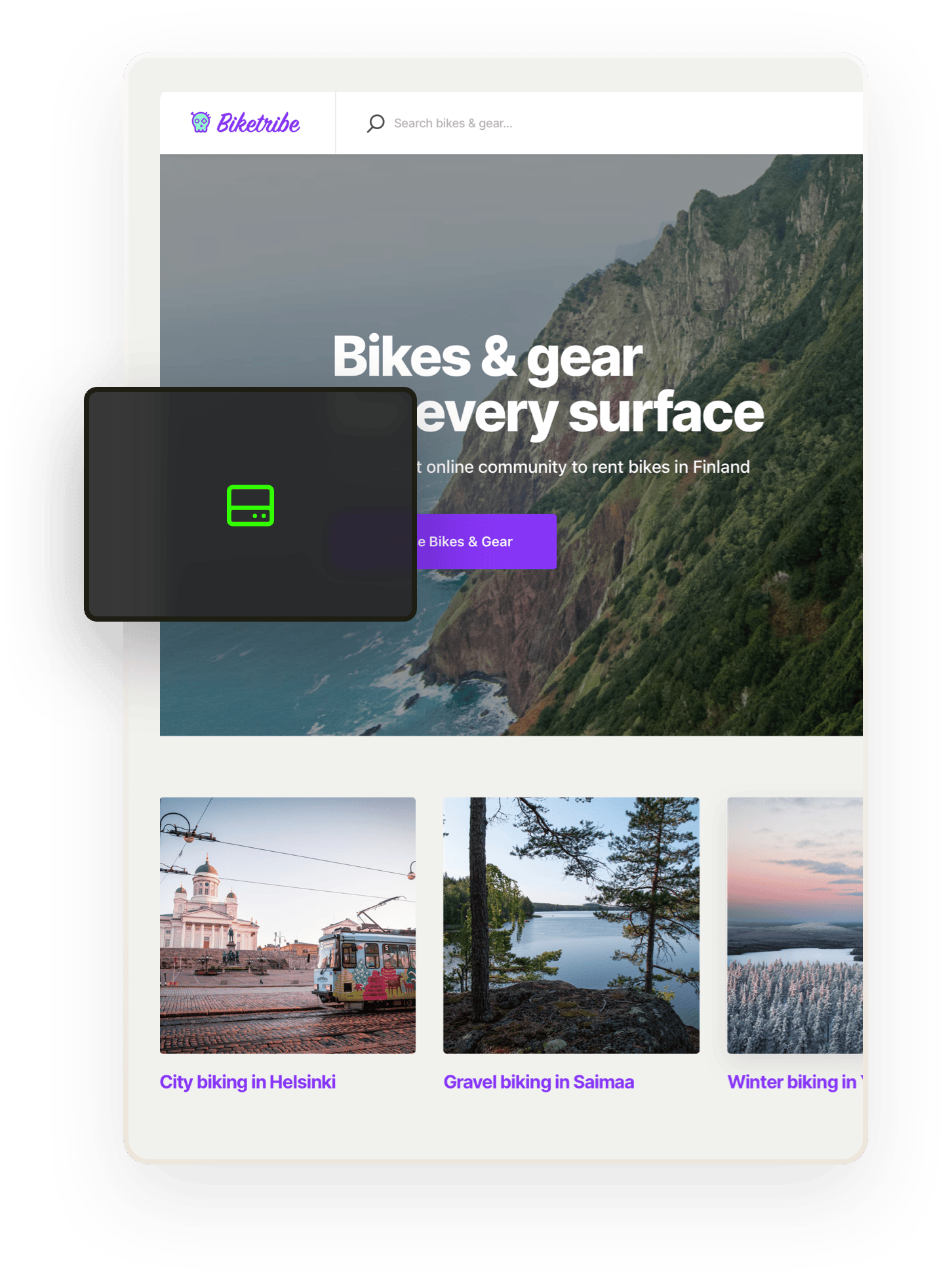 A snapshot of the Biketribe marketplace home page. The page says "Bikes and gear for every surface!" Overlaid on top is an icon representing a data backup.