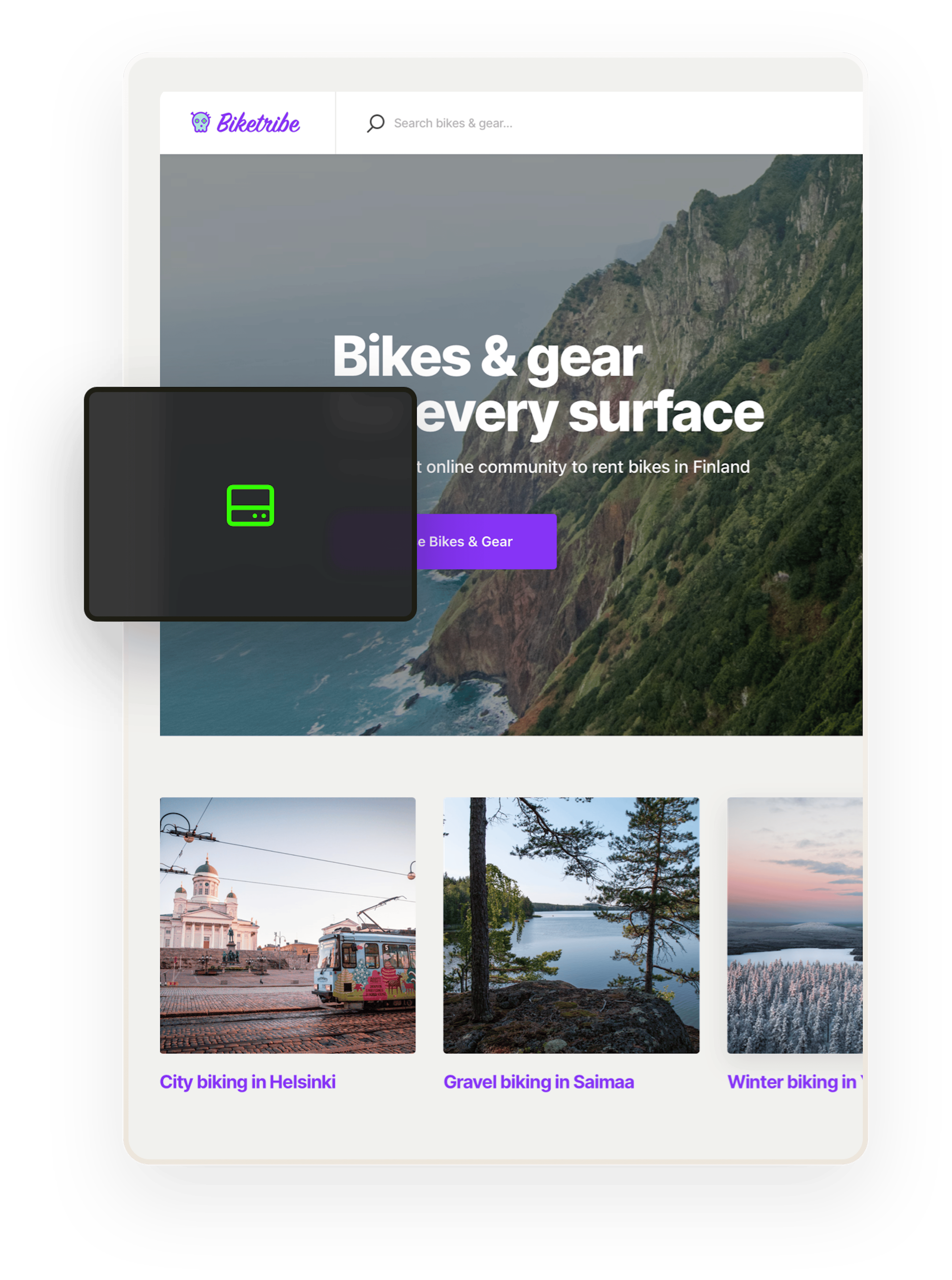 A snapshot of the Biketribe marketplace home page. The page says "Bikes and gear for every surface!" Overlaid on top is an icon representing a data backup.