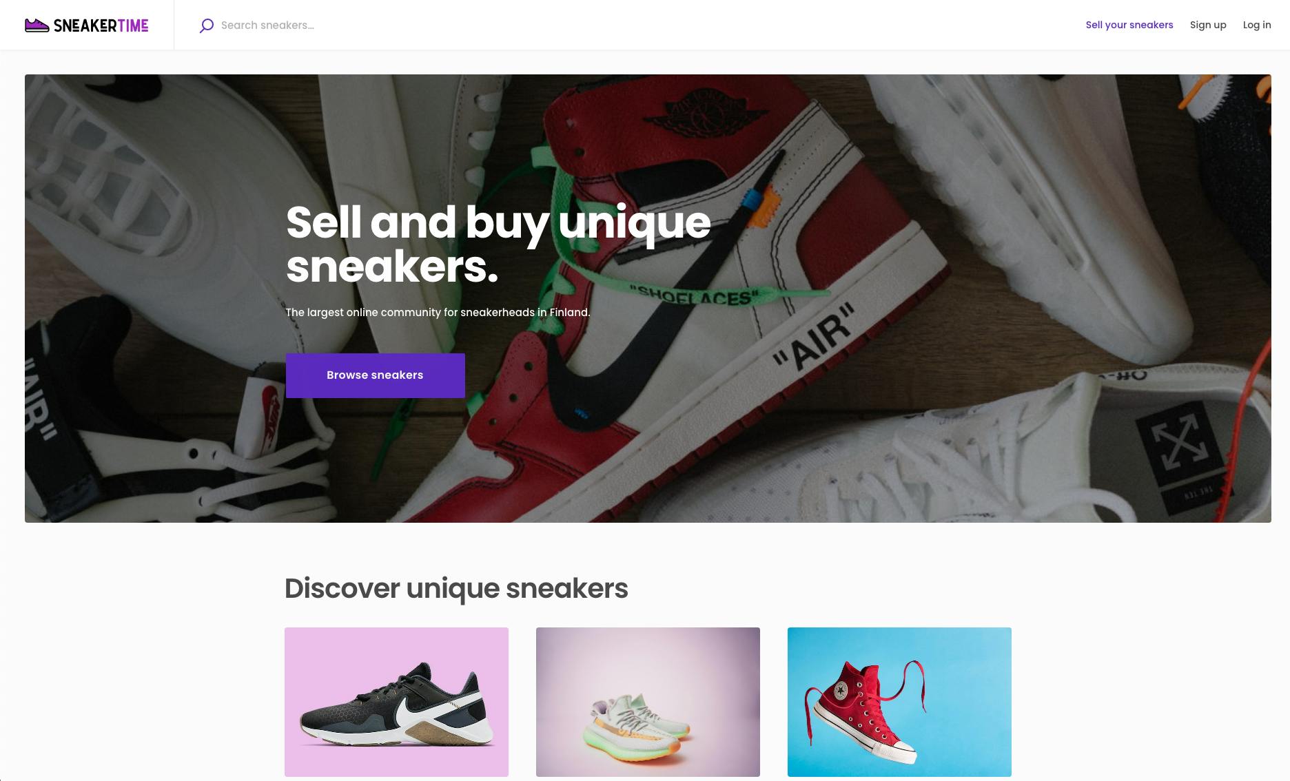 Screenshot of an example Sharetribe marketplace called Sneakertime, a marketplace for selling sneakers. The landing page has a hero image with multiple sneakers and a call-to-action button.