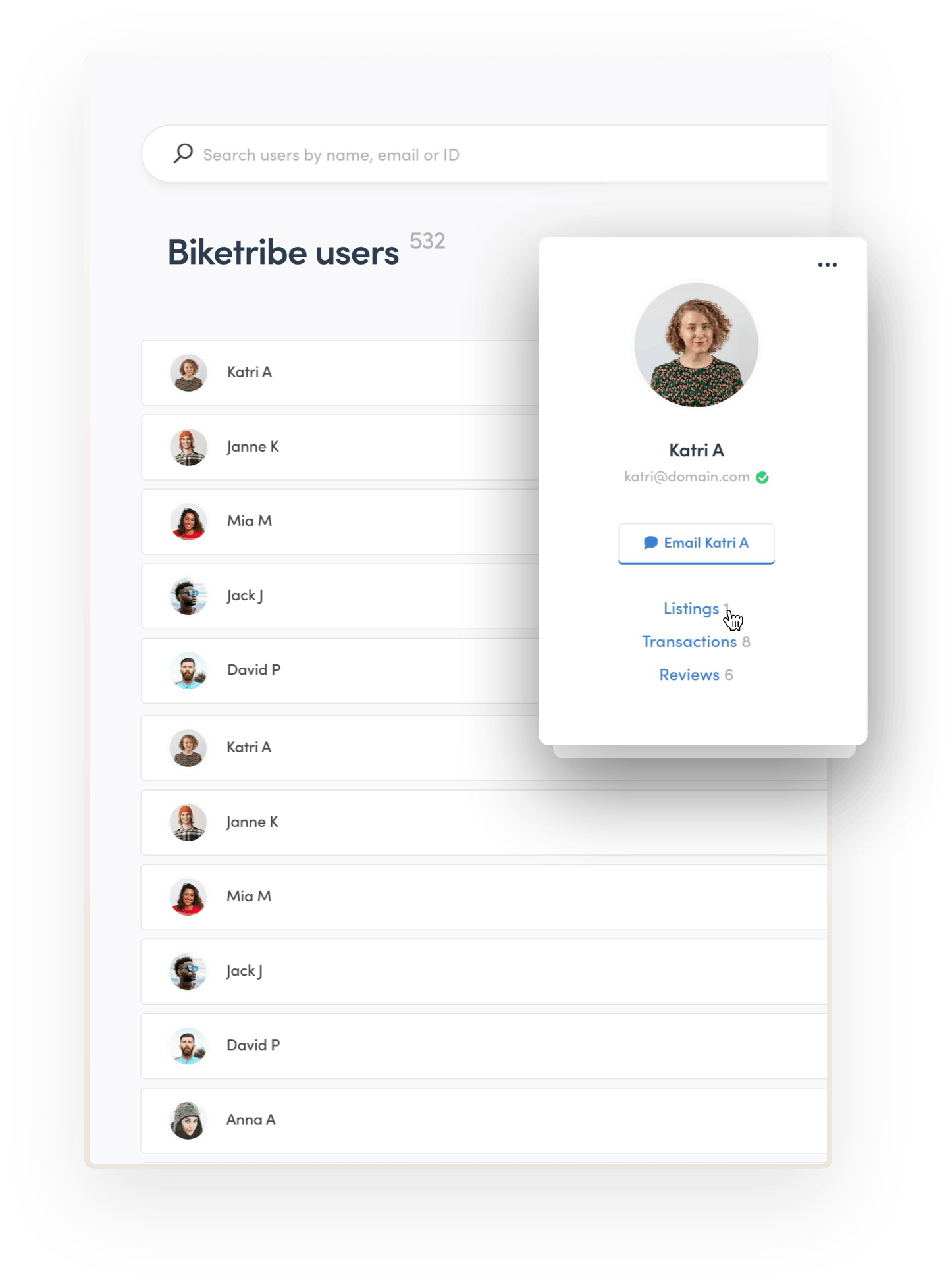 The marketplace operator is about to check the listings of a user called Katri. They're clicking the listings button beneath Katri's image and name in Console, the Sharetribe marketplace management tool.