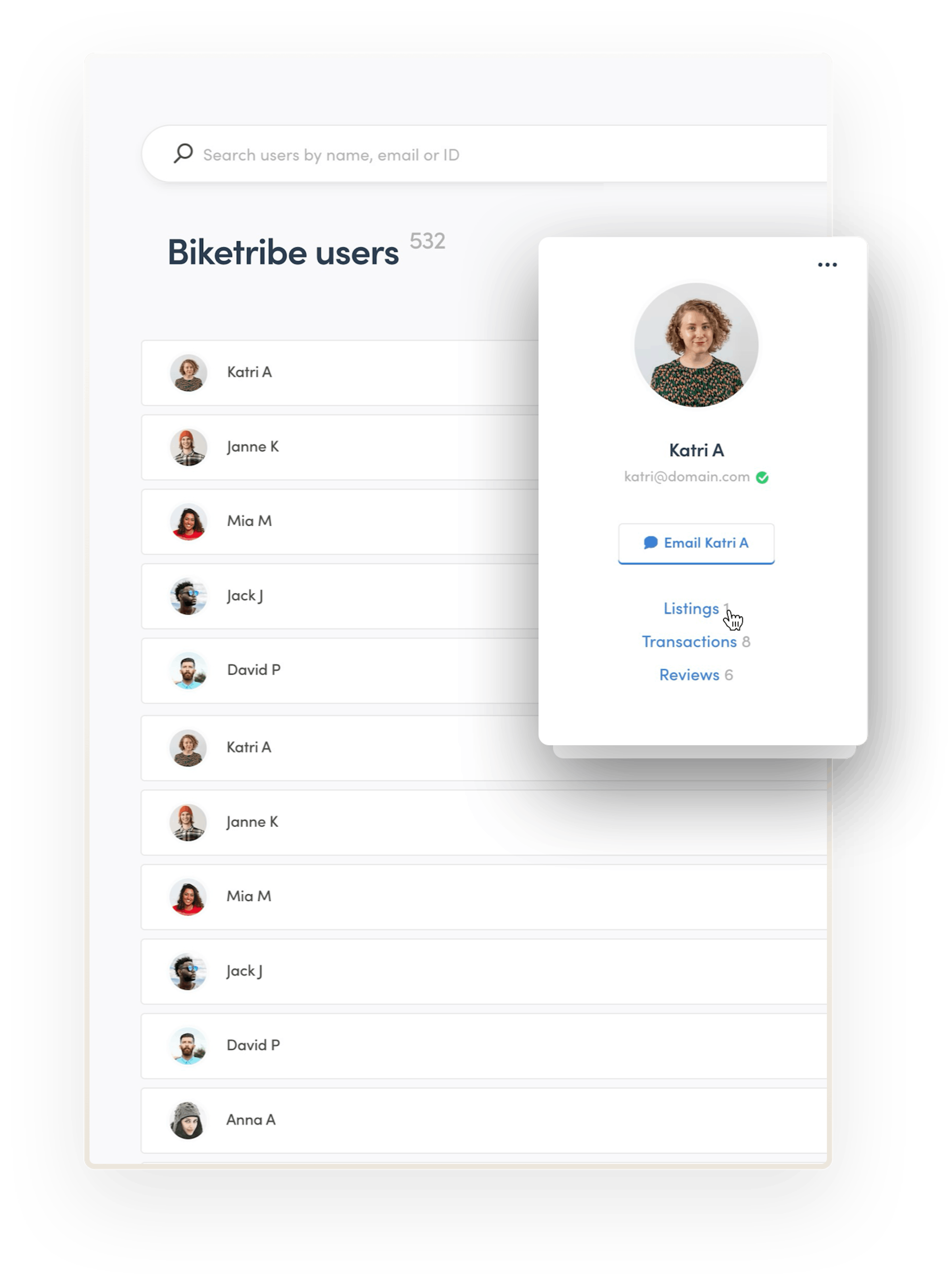 The marketplace operator is about to check the listings of a user called Katri. They're clicking the listings button beneath Katri's image and name in Console, the Sharetribe marketplace management tool.
