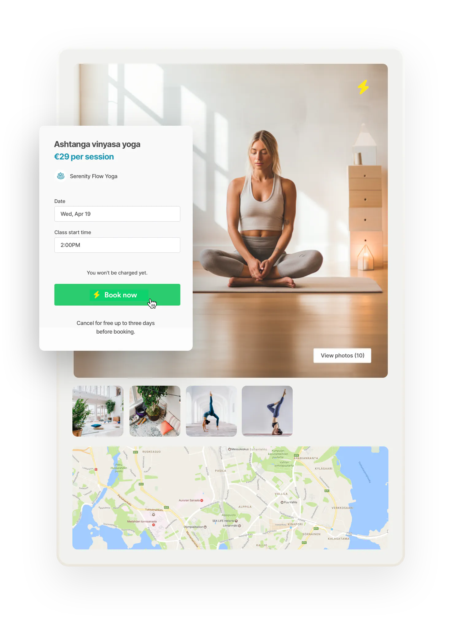A page showing elements of a listing page: an image of a restful person doing yoga and a map where the class happens. Overlaid with a booking form for a yoga class. Beneath the button to book, you find the text: Cancel for free up to three days before booking.