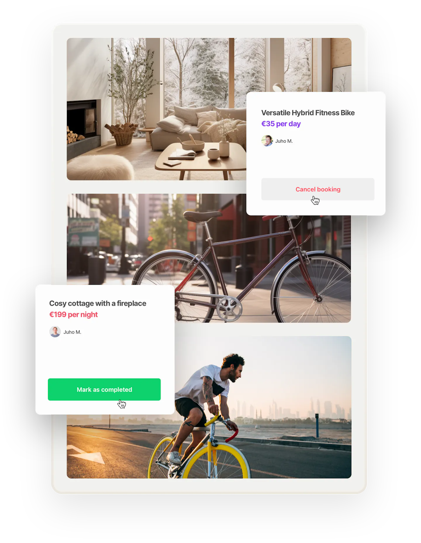 Images of a modern cottage, a city bike, and a sports bike are overlaid with two listings waiting for action from the marketplace operator. A booking for a fitness is about to be canceled. A stay at a cozy cottage is going to be completed.