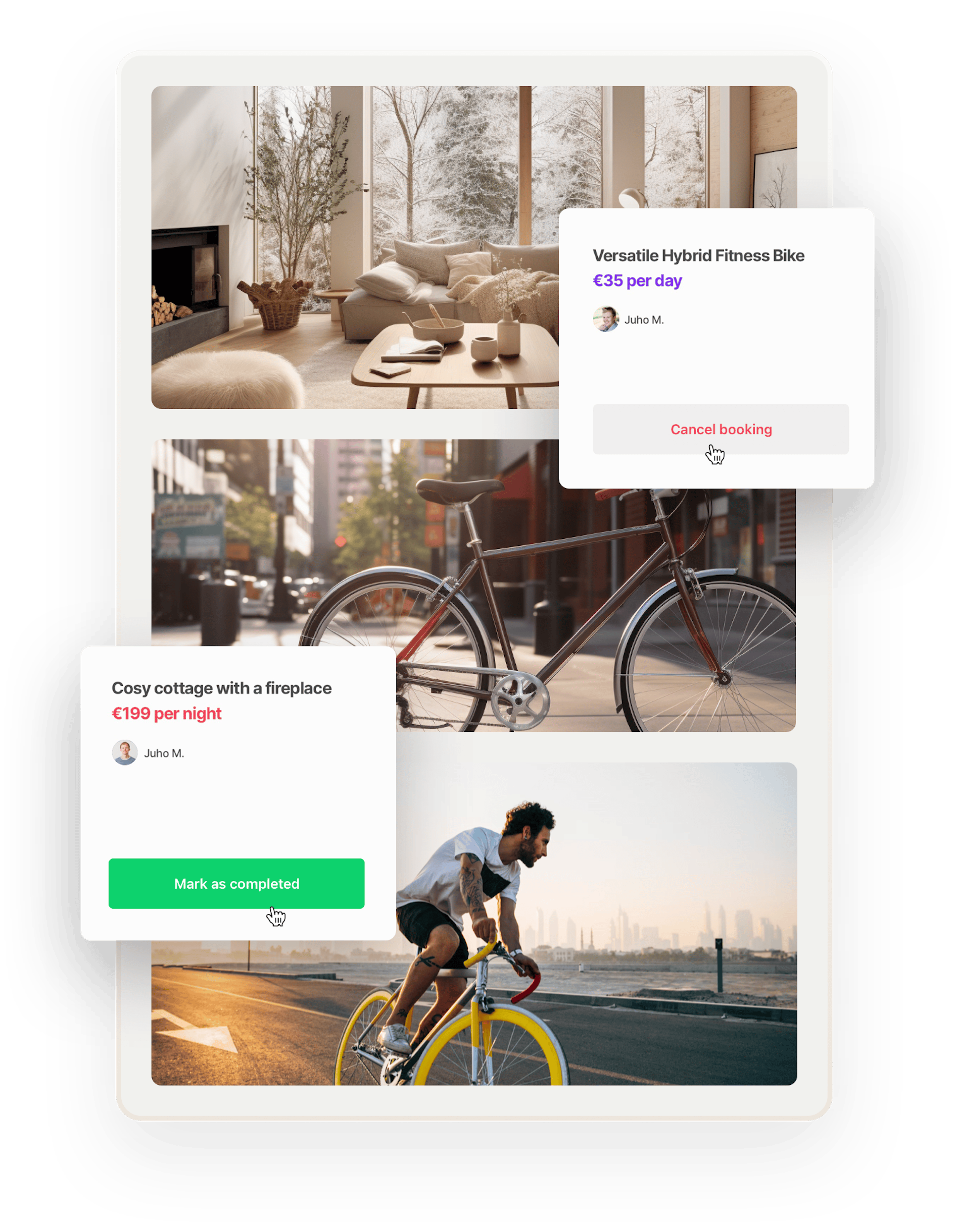 Images of a modern cottage, a city bike, and a sports bike are overlaid with two listings waiting for action from the marketplace operator. A booking for a fitness is about to be canceled. A stay at a cozy cottage is going to be completed.