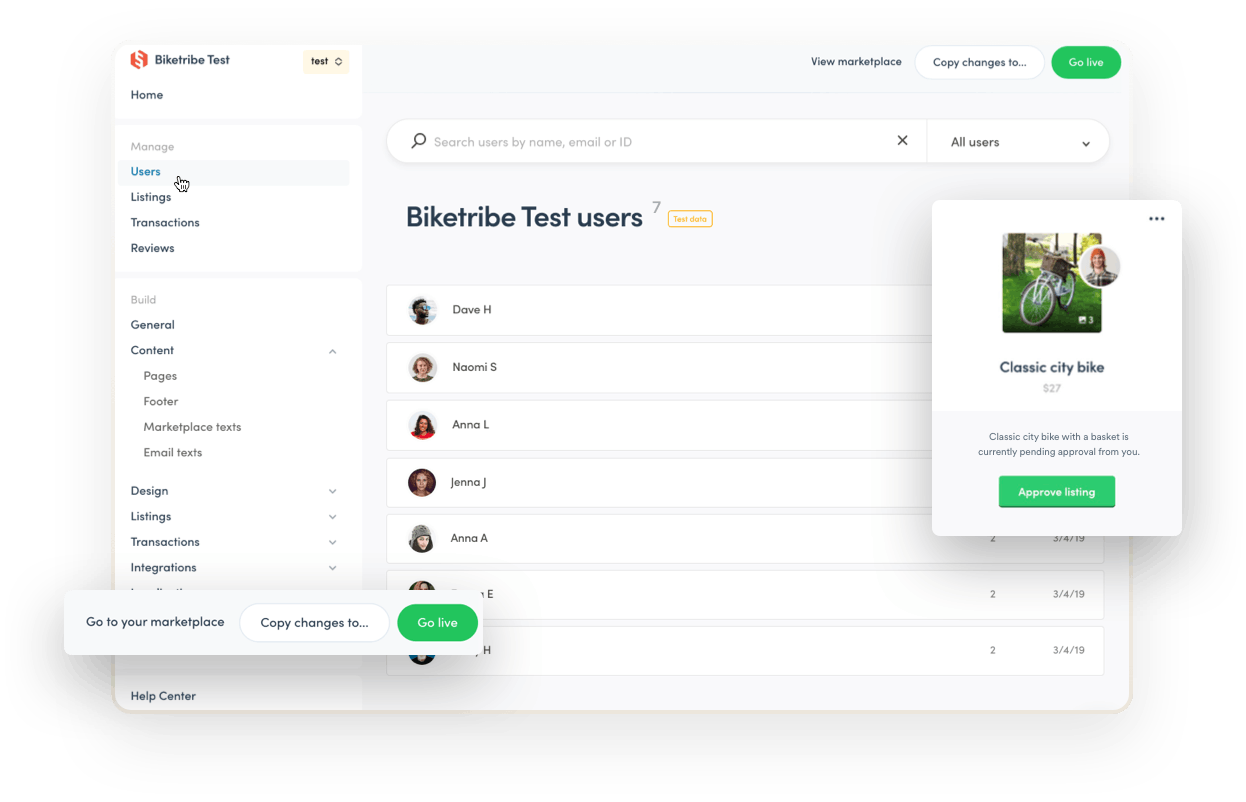 Sharetribe Console, open on the user management page. On the left, you can see the new navigation with sections for Management and Build features.