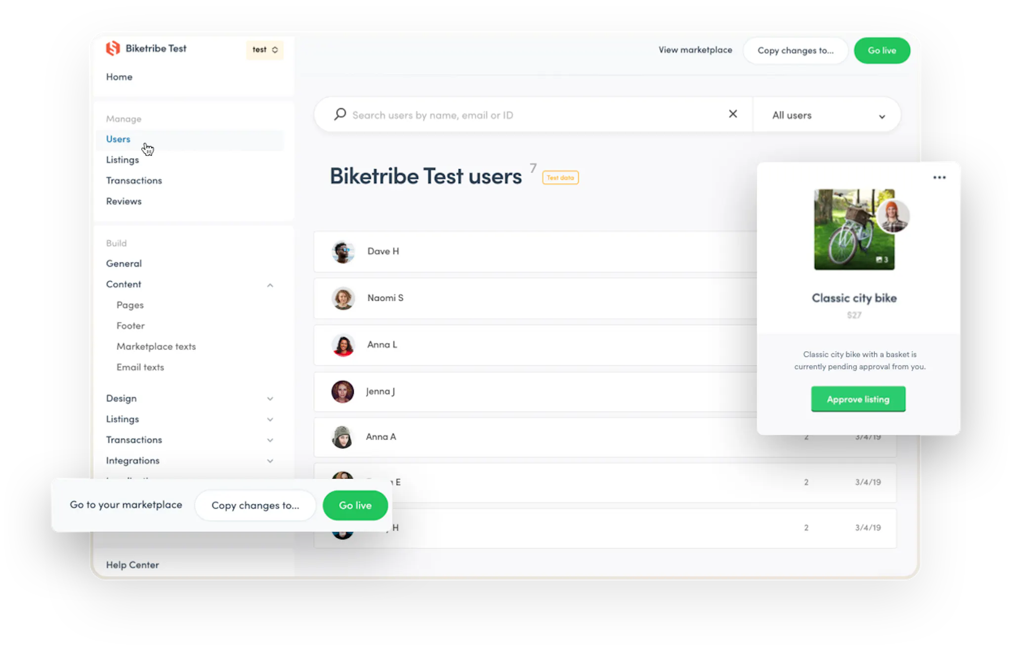 Sharetribe Console, open on the user management page. On the left, you can see the new navigation with sections for Management and Build features.