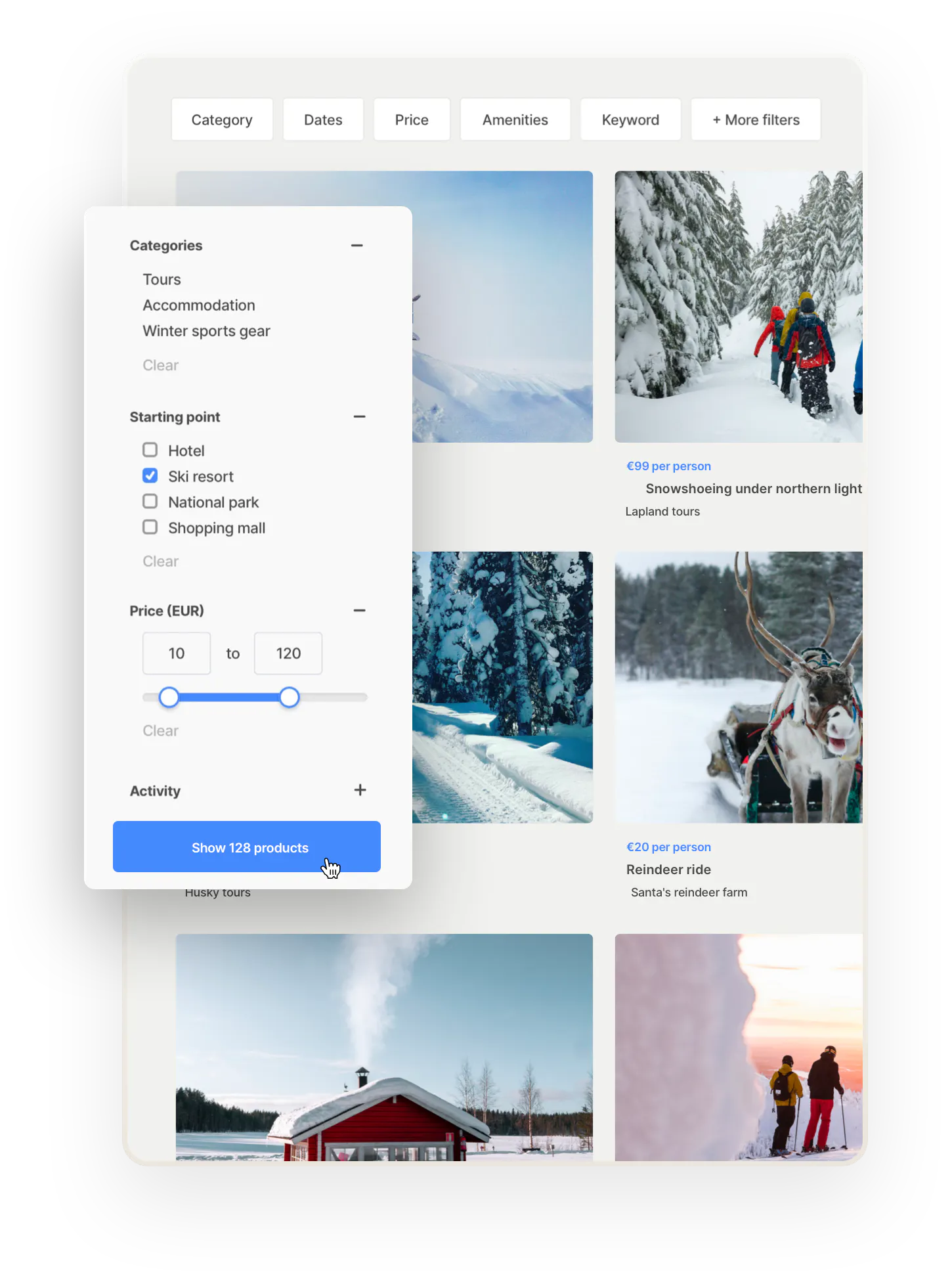 A grid of tour thumbnails with an image, title, and price on a search page. Overlaid on top is a box with filters: category, starting point, and price.