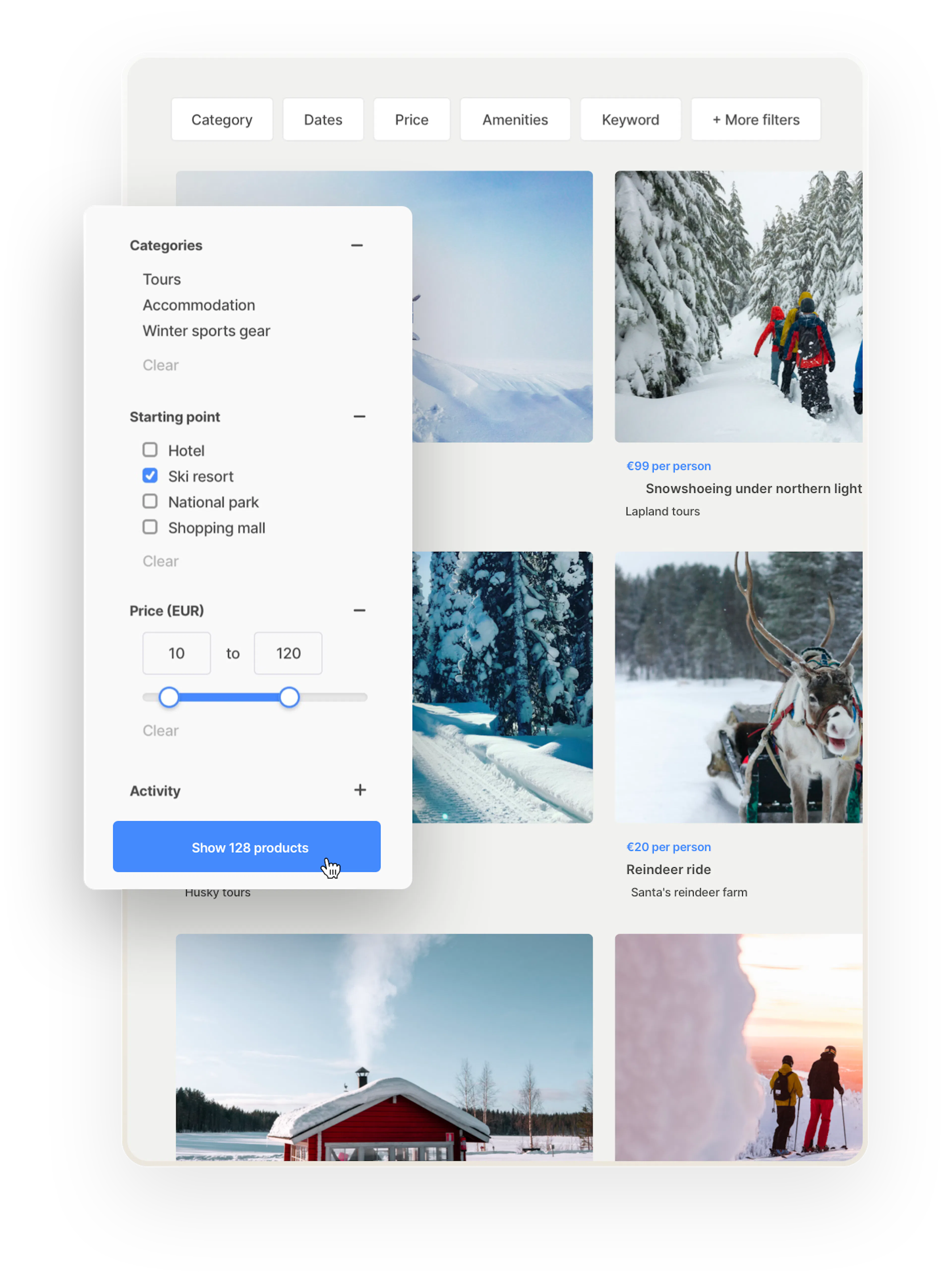 A grid of tour thumbnails with an image, title, and price on a search page. Overlaid on top is a box with filters: category, starting point, and price.