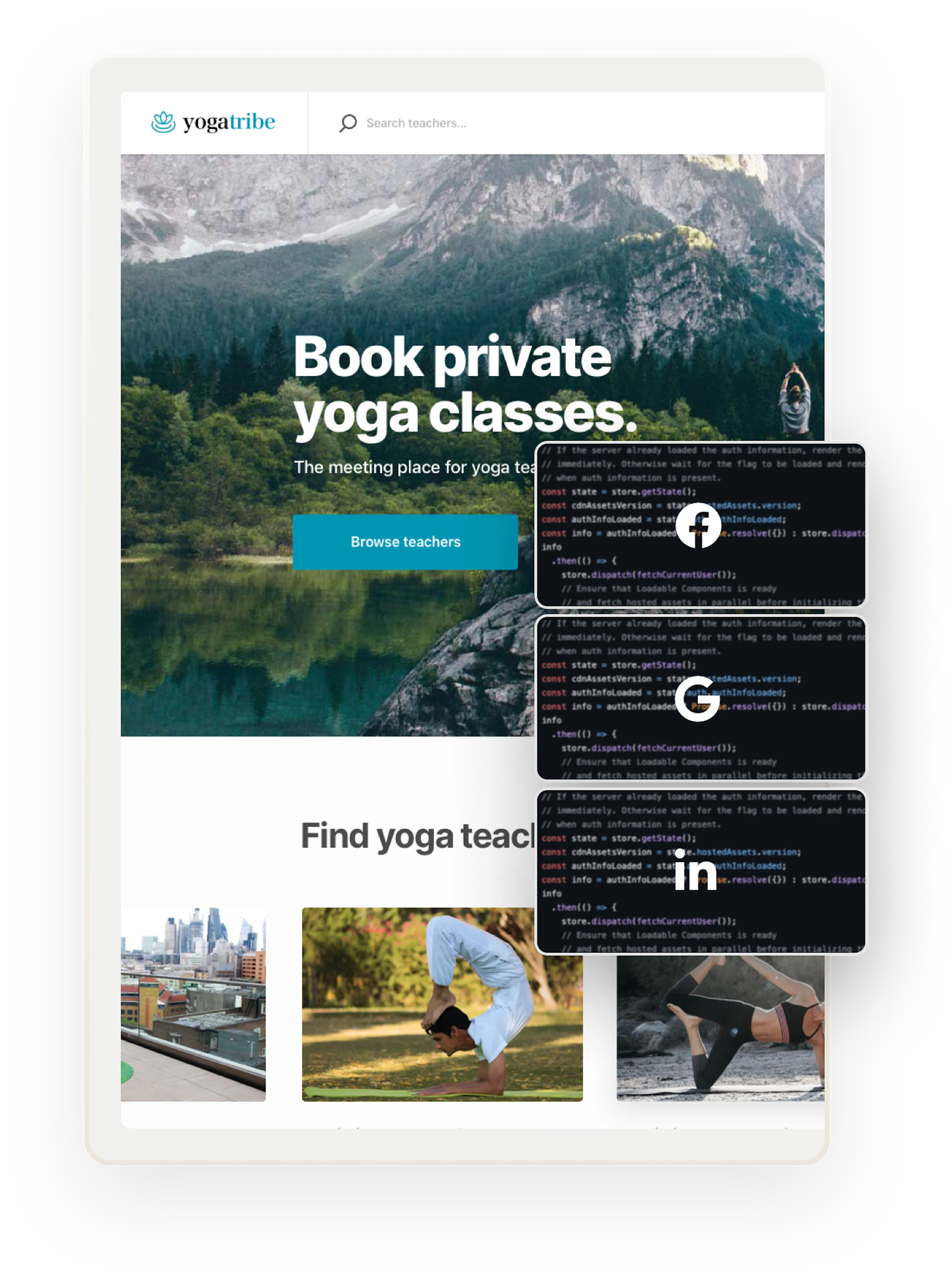 A snapshot of the Yogatribe service marketplace home page. Overlaid on top are three boxes showing code and symbols for Facebook, Google, and LinkedIn.
