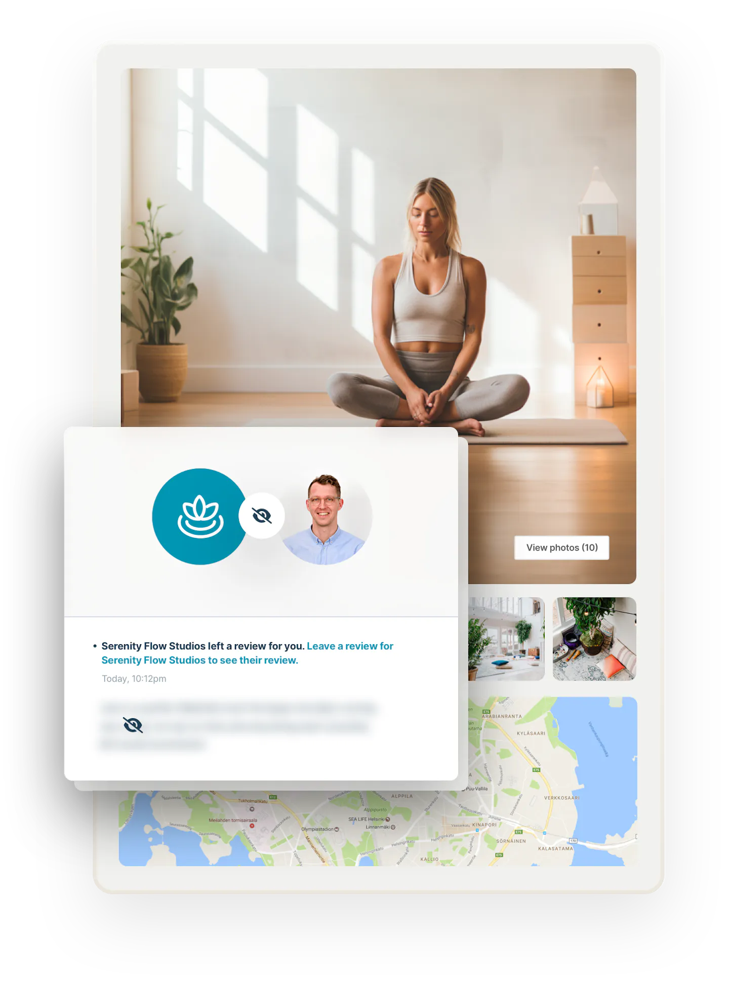 A page showing elements of a listing page: an image of a restful person doing yoga and map where the class happens. Overlaid is a box that shows a customer can't see the review they received before they review the provider in return.