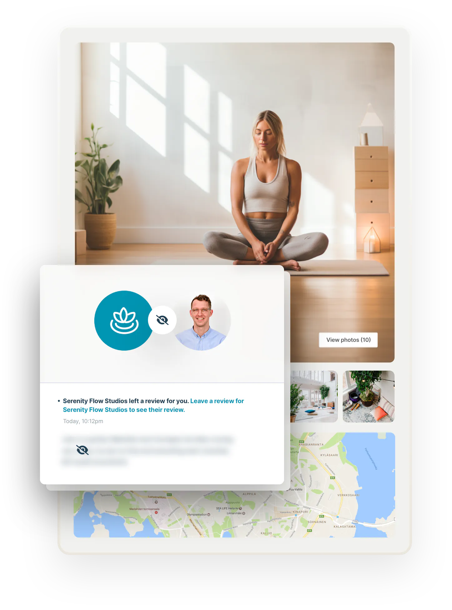 A page showing elements of a listing page: an image of a restful person doing yoga and map where the class happens. Overlaid is a box that shows a customer can't see the review they received before they review the provider in return.
