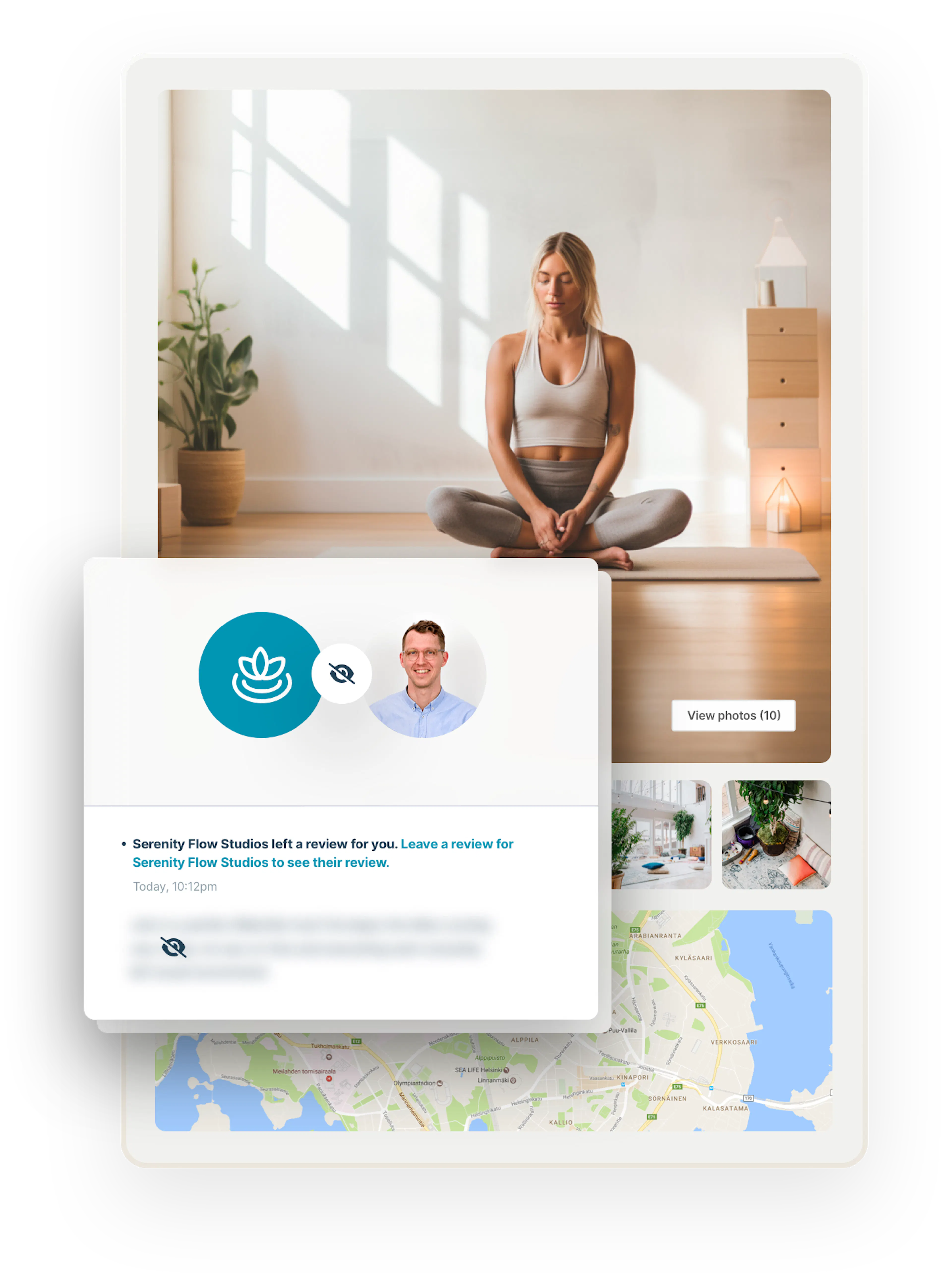 A page showing elements of a listing page: an image of a restful person doing yoga and map where the class happens. Overlaid is a box that shows a customer can't see the review they received before they review the provider in return.