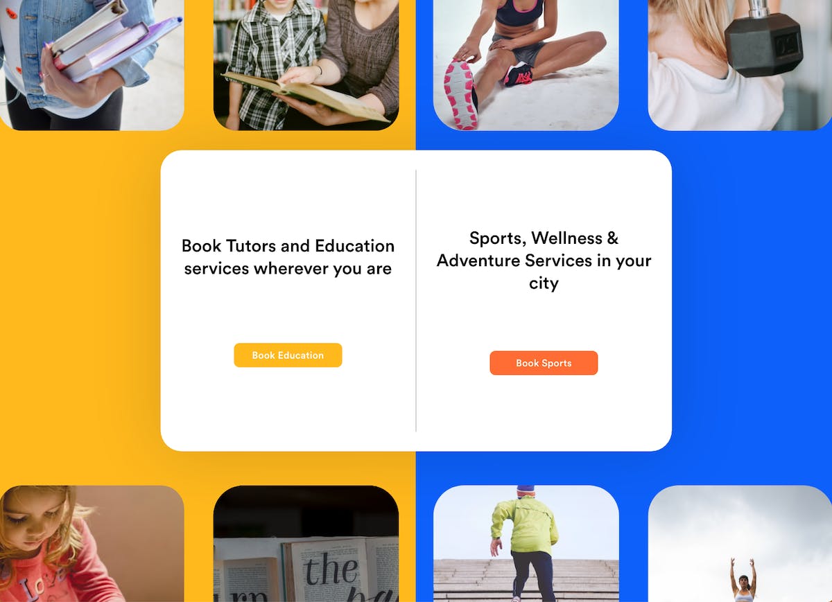 Landing page of the marketplace ProBuddy, with options to book education or sports.