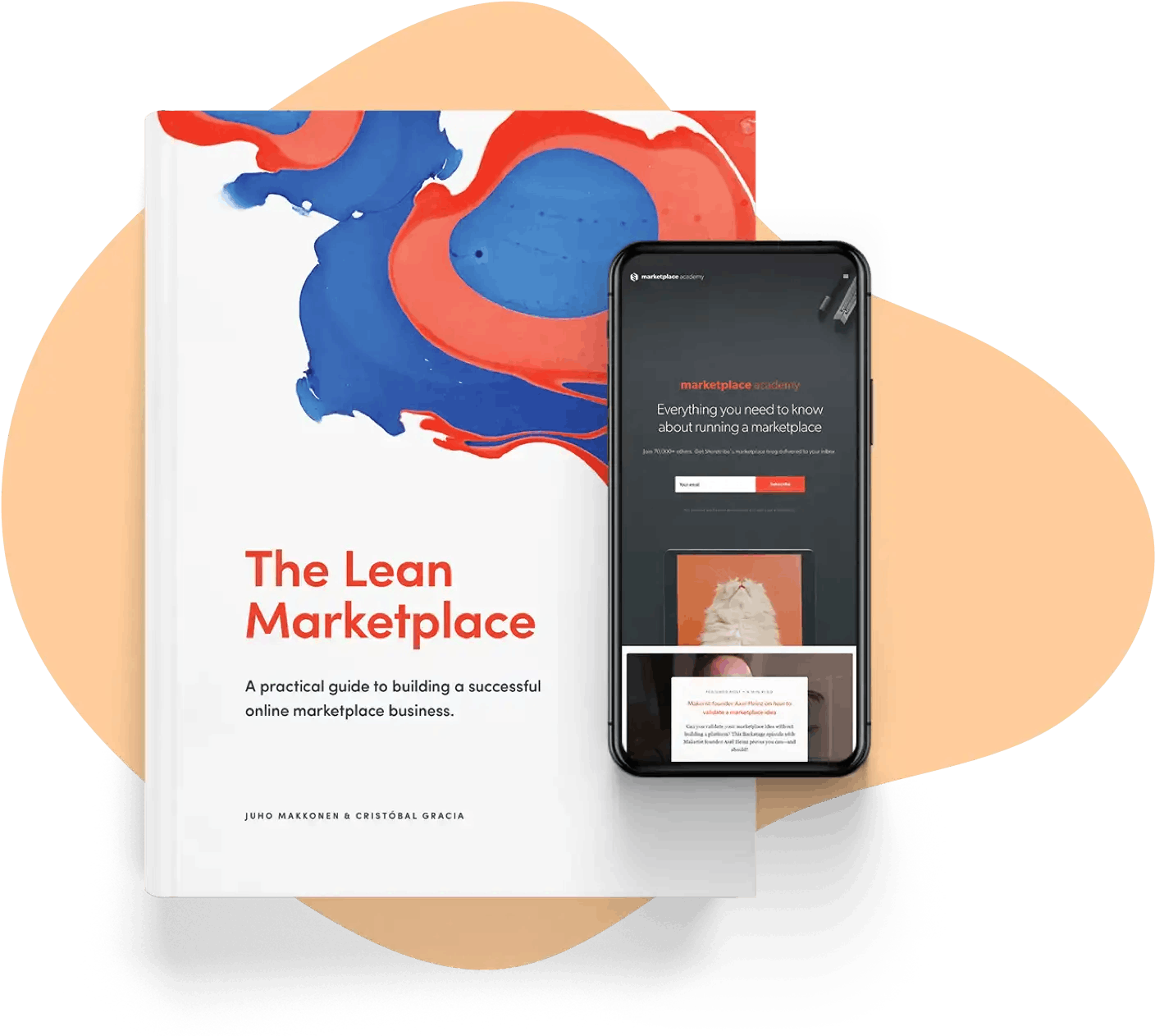The Lean Marketplace book cover and a smartphone screen showing the Marketplace Academy home page.