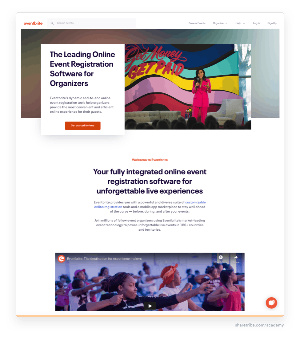 Screenshot of Eventbrite's landing page for the "Event registration software" query.