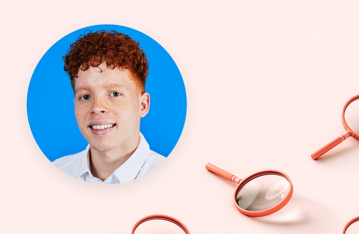 Gregory Edwards is smiling in his headshot. He's a white man with curly red hear and wearing a white collared shirt. His image is framed in a circle on top of an image of orange magnifying glasses.