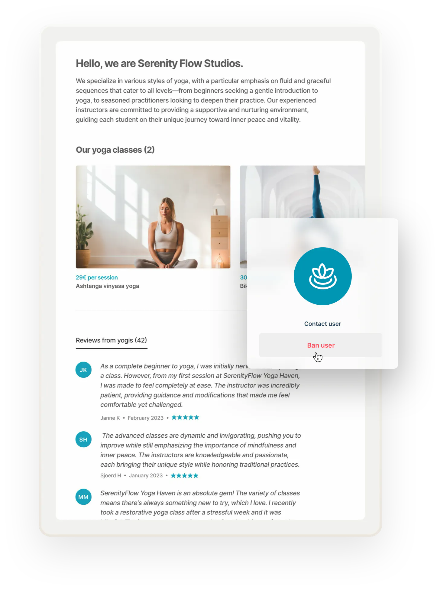 A sample page for a yoga class provider called Serenity Flow Studios. The page shows glowing reviews the studio has received from customers. Still, the operator is considering to ban the studio from the marketplace. We can assume they must know something we don't.