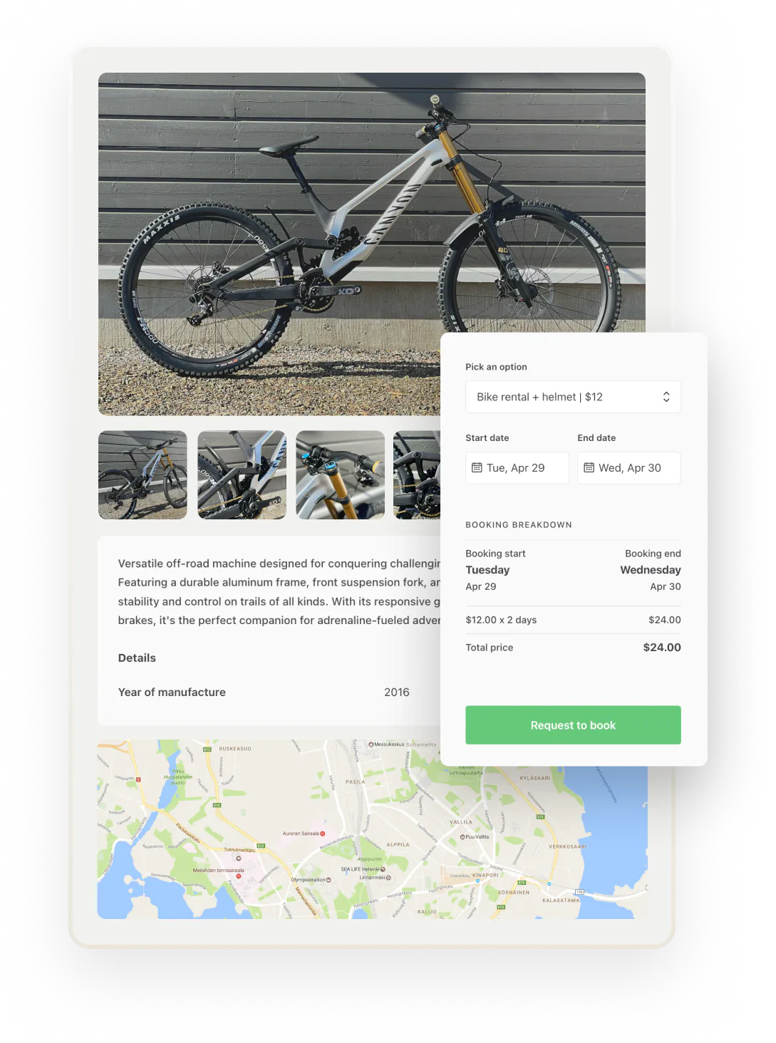 A customer has chosen to book a bike rental with a helmet: this is slightly more than just booking the bike but much safer!