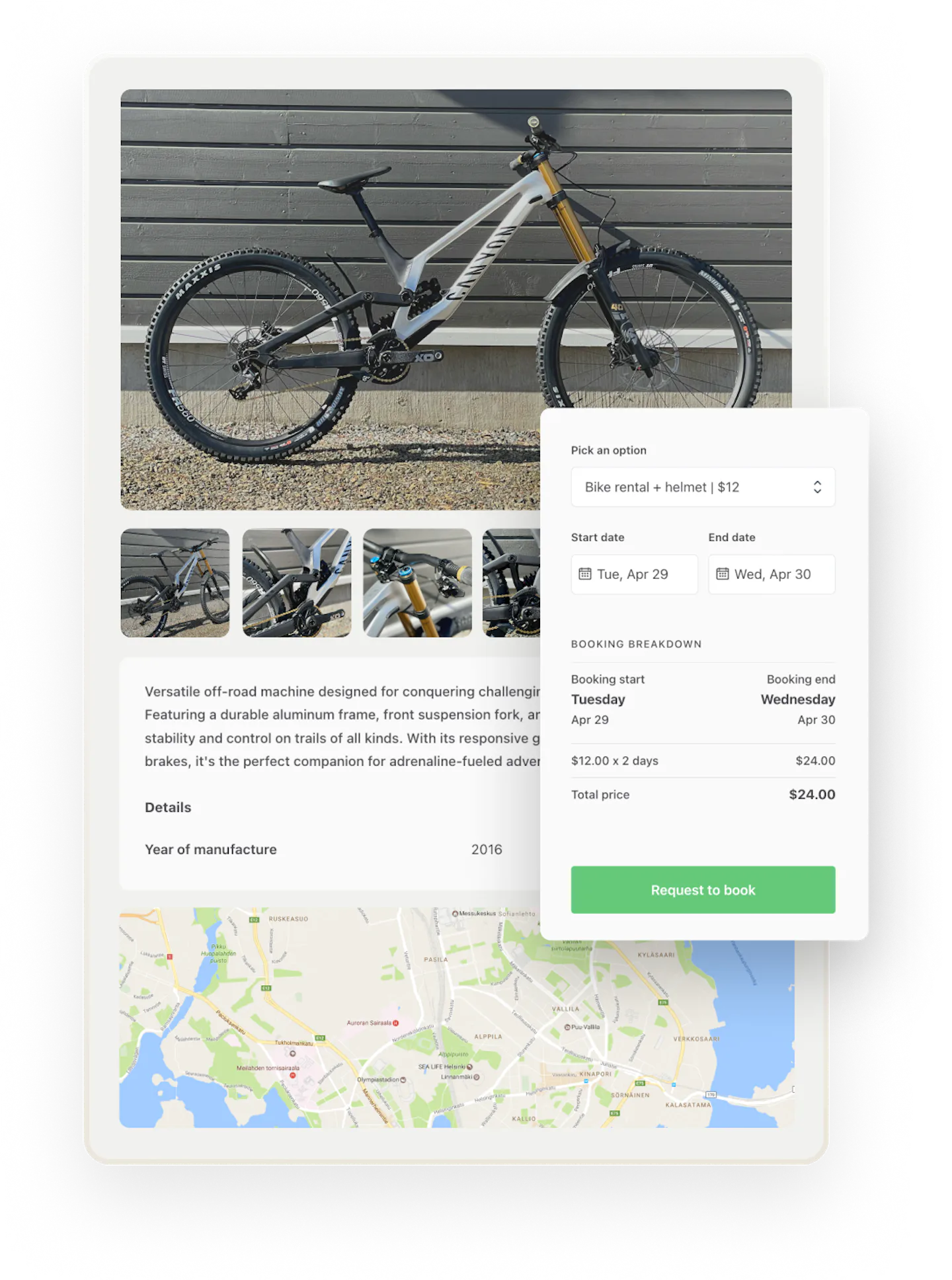 A customer has chosen to book a bike rental with a helmet: this is slightly more than just booking the bike but much safer!