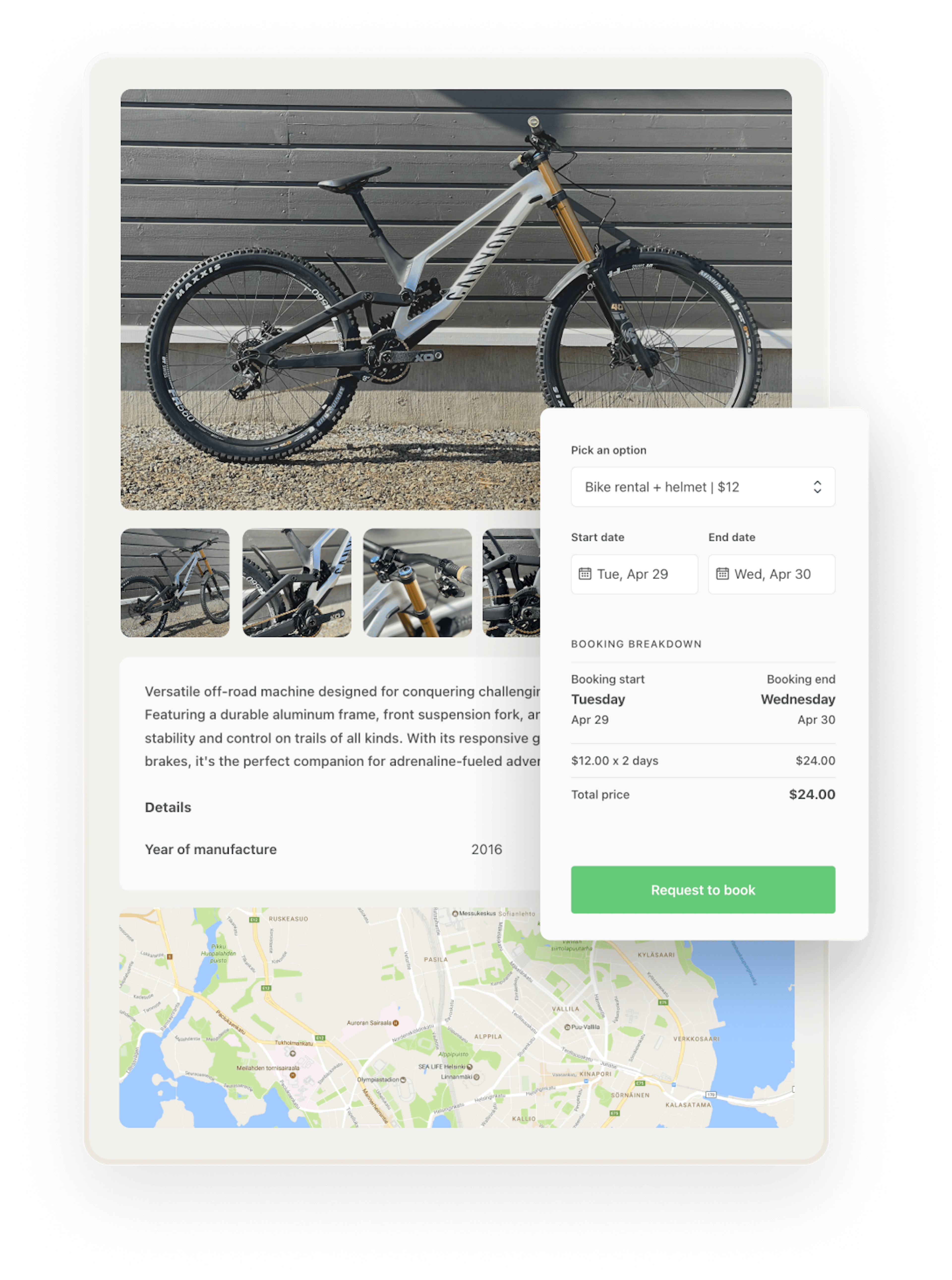 A customer has chosen to book a bike rental with a helmet: this is slightly more than just booking the bike but much safer!