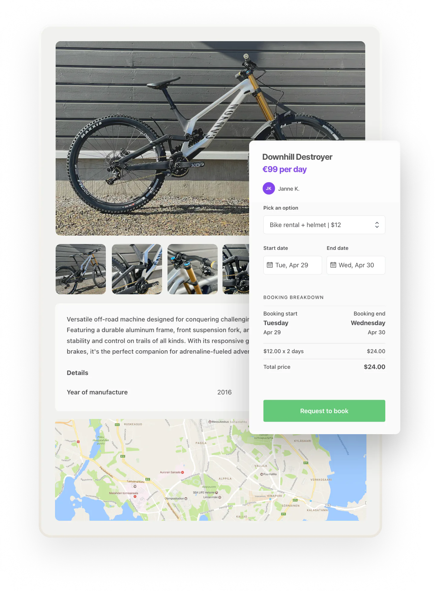 A customer has chosen to book a bike rental with a helmet: this is slightly more than just booking the bike but much safer!