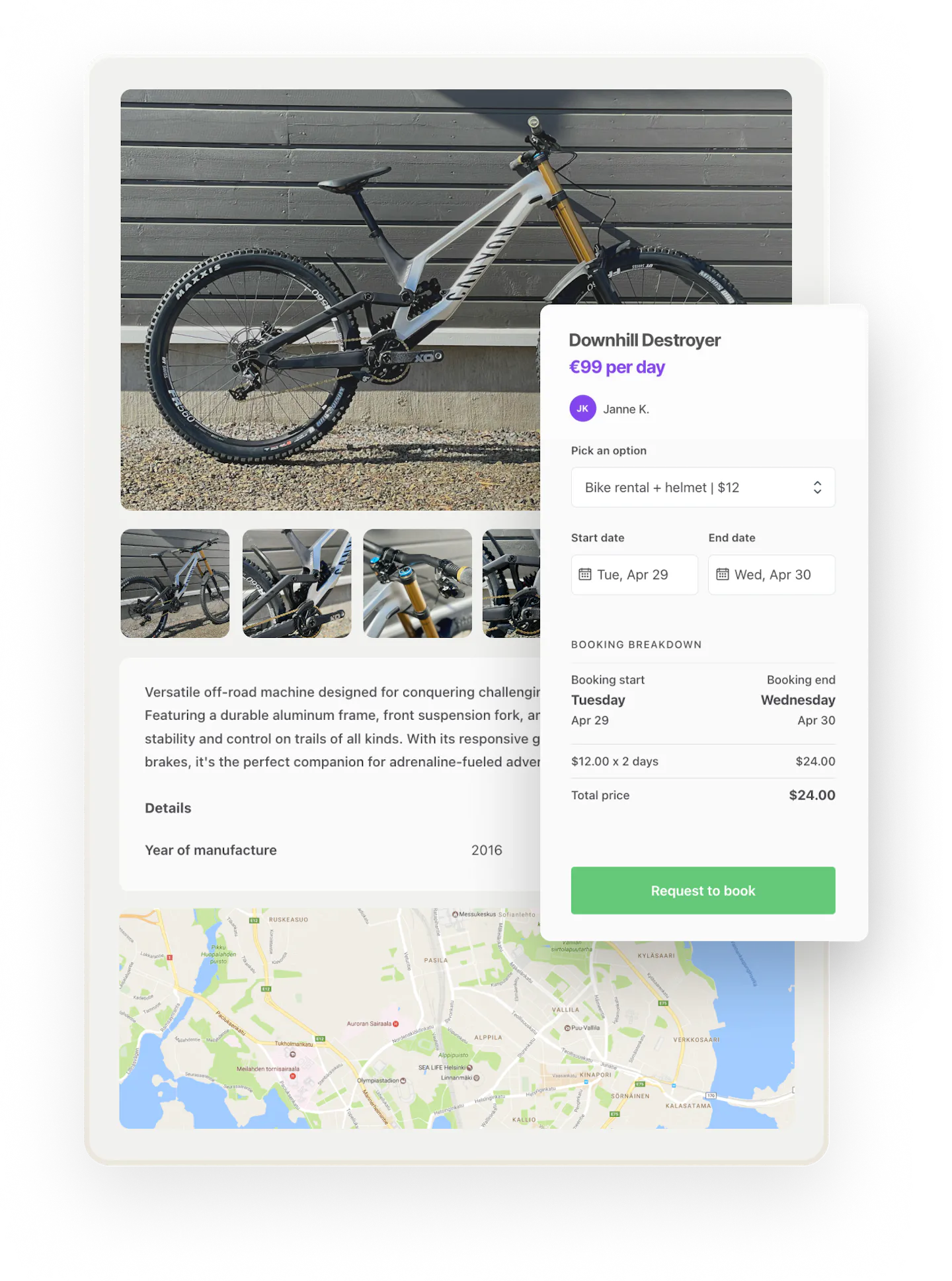 A customer has chosen to book a bike rental with a helmet: this is slightly more than just booking the bike but much safer!