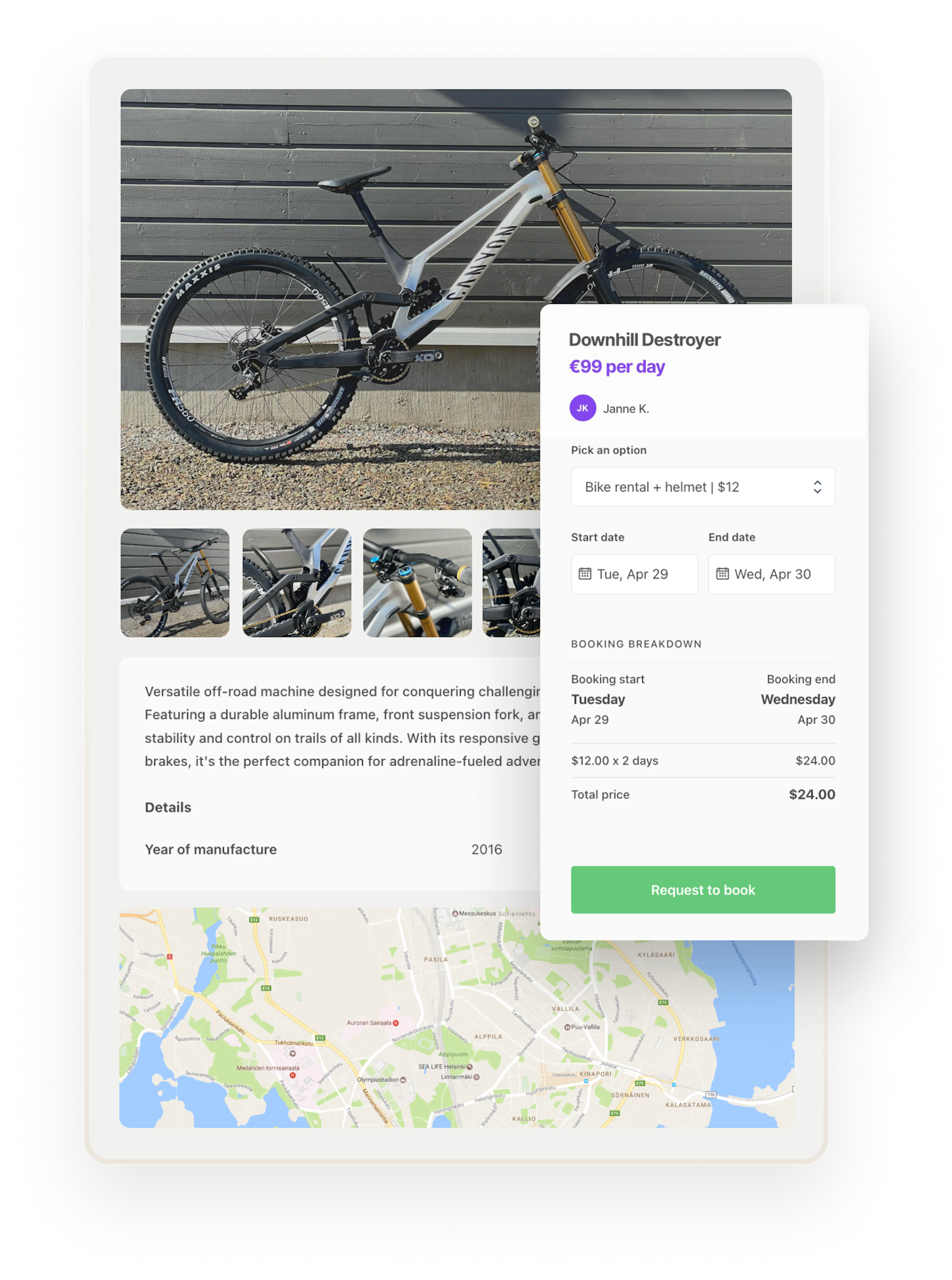 A customer has chosen to book a bike rental with a helmet: this is slightly more than just booking the bike but much safer!
