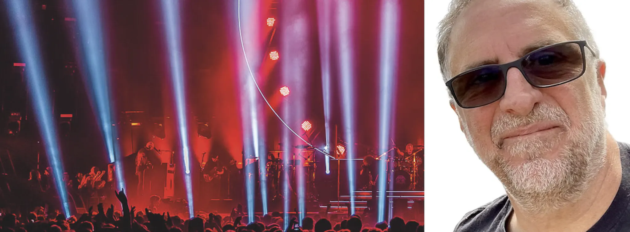A collage of two photos: on the left, a band is on stage with red-hued background lighting and several bright blue vertical spotlights directed from the floor towards the ceiling. On the right, a close-up portrait of Sharetribe customer GearSource founder Marcel Fairbairn smiling, wearing sunglasses and a black t-shirt.