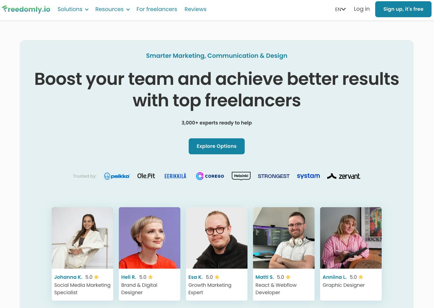 Screenshot of the freelance marketplace Freedomly's landing page with featured listings.