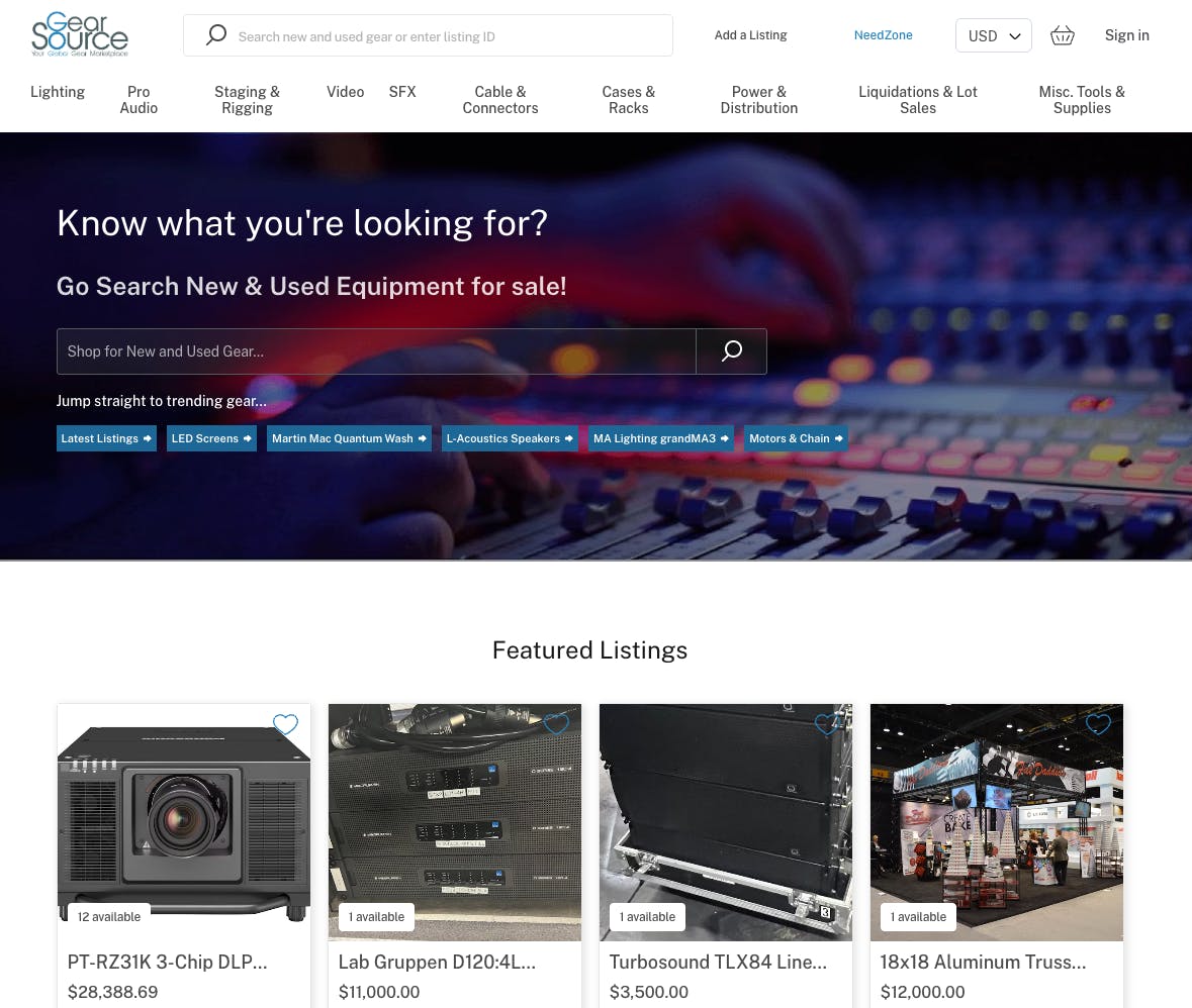 Screenshot of the B2B marketplace Gearsource's landing page with featured listings.