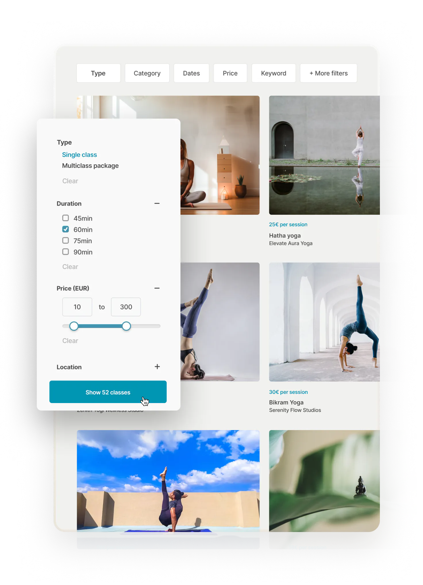 Search results filtered to yoga teaching offered by single class. The other listing type option is buying a multi-class package.