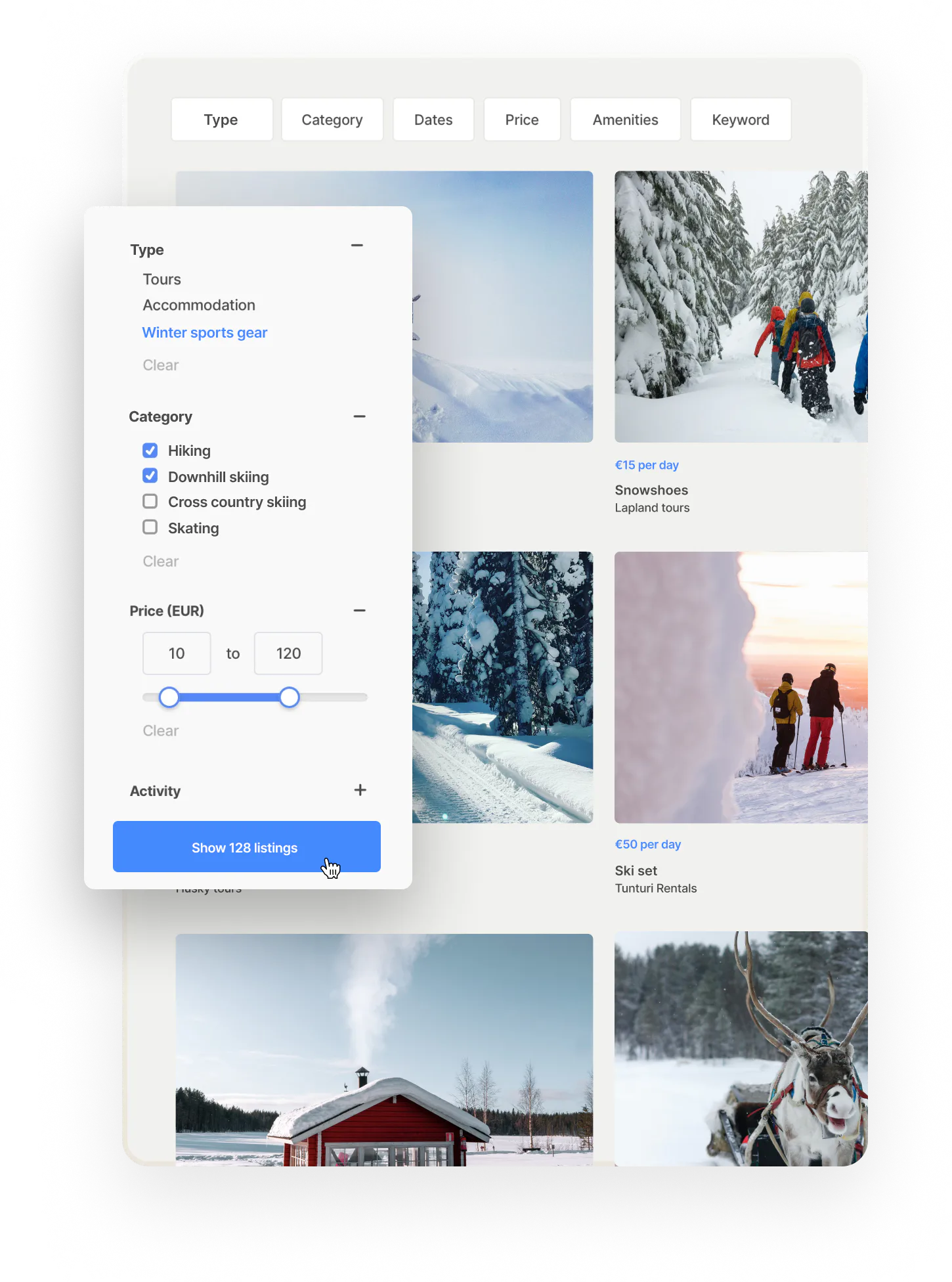 Search results on the Localtribe marketplace filtered by winter gear, followed by categories.