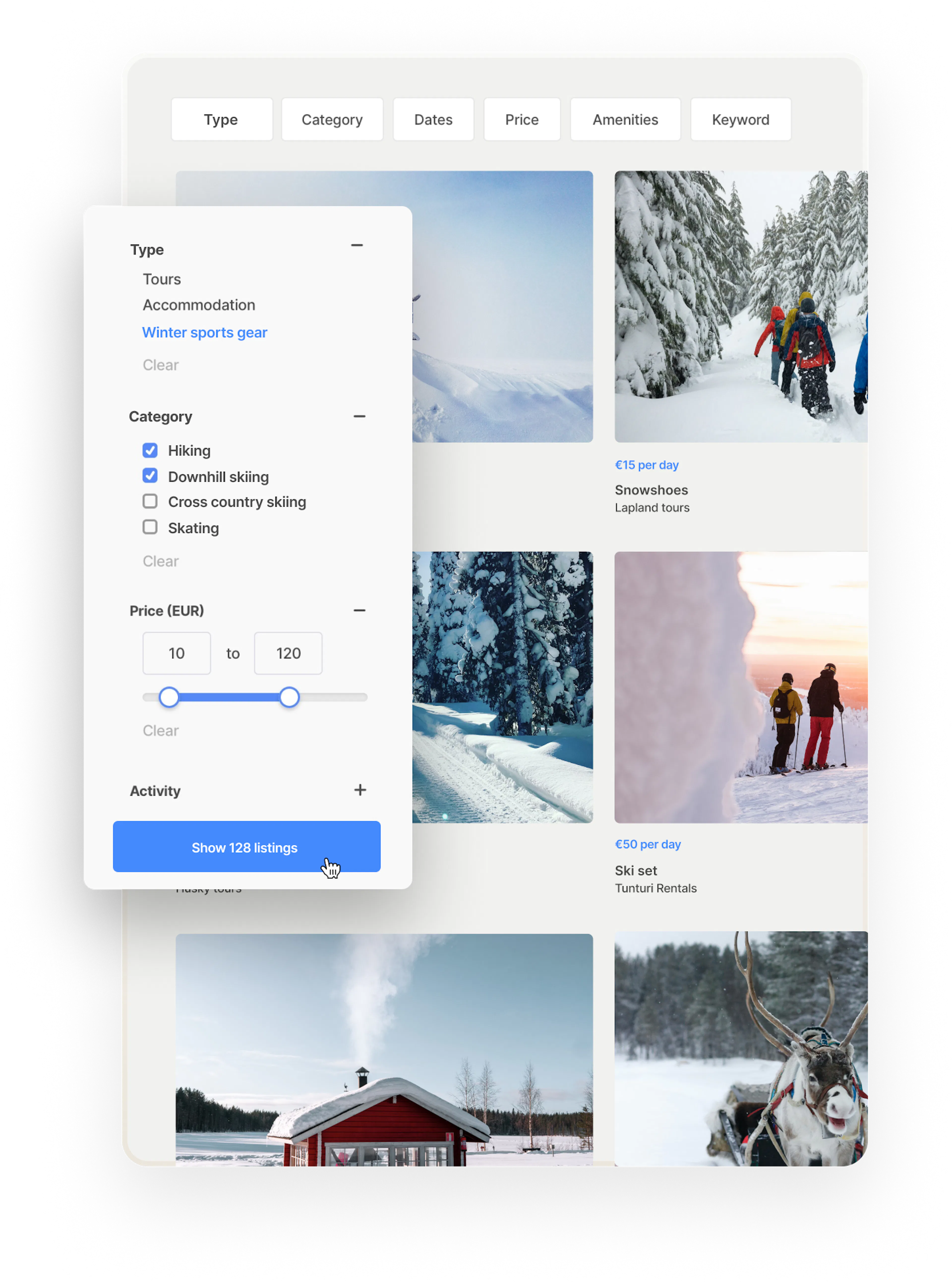 Search results on the Localtribe marketplace filtered by winter gear, followed by categories.