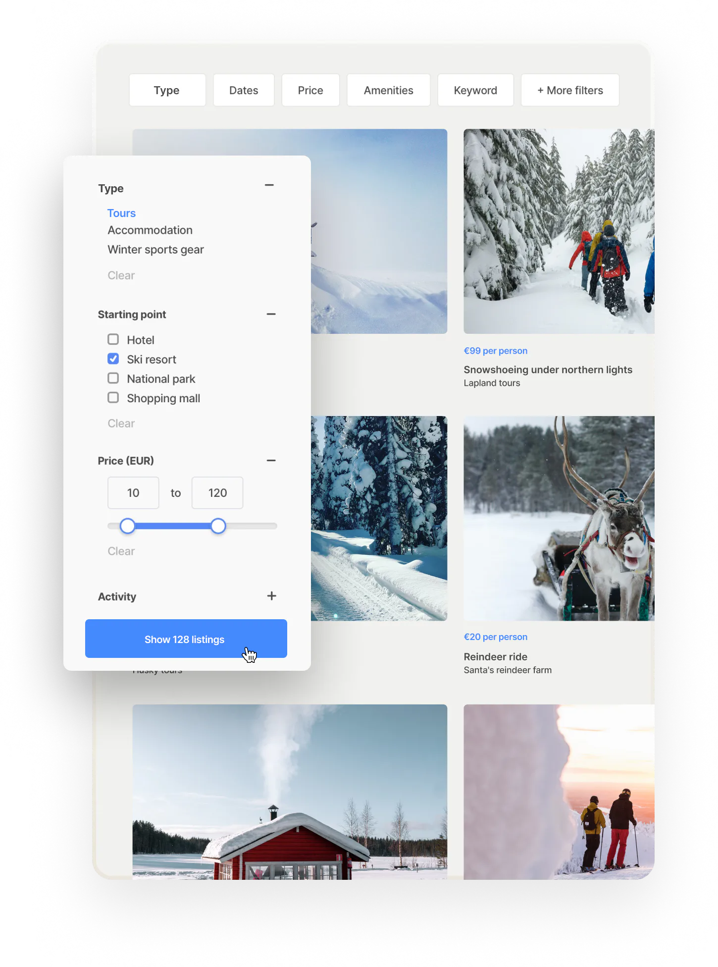 Search results on the Localtribe marketplace filtered for tours only, with search filters limited to tours.